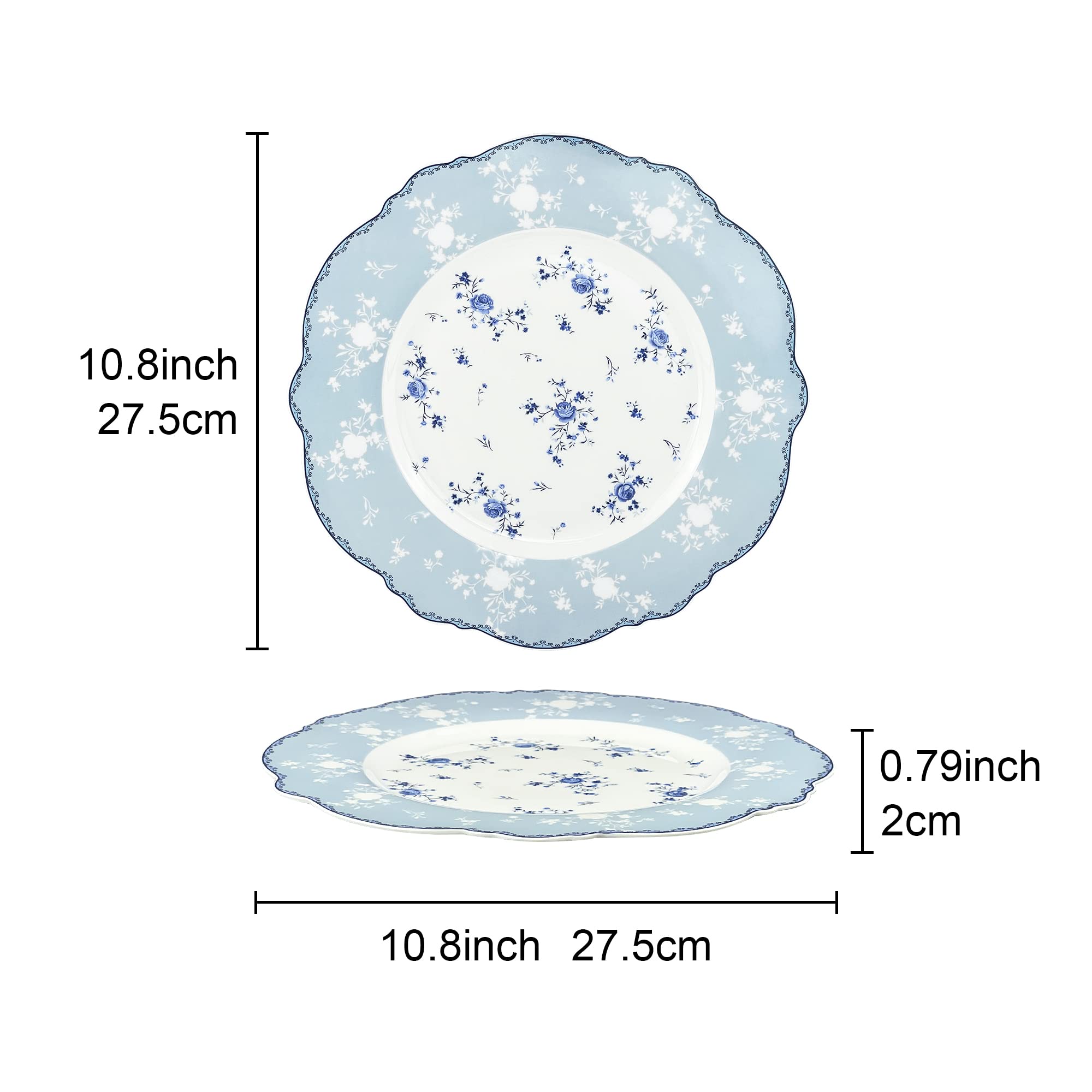 Fanquare 10 Inch Porcelain Dinner Plates Set of 4 - Elegant Blue Roses Lace Design Plates for Salad, Pasta, Soup & Dessert - Perfect for Dinner Parties, Weddings & Home Decor