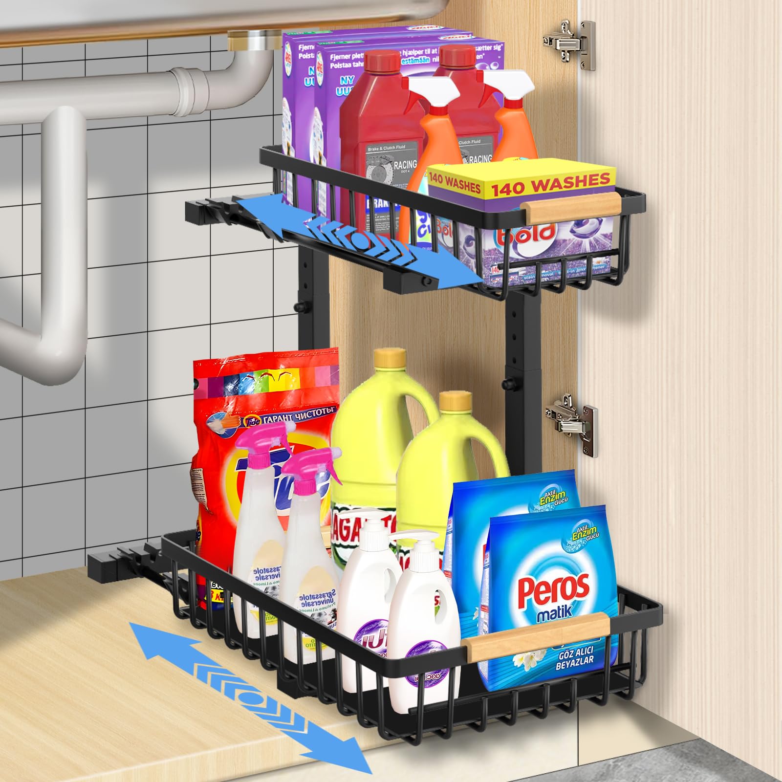 Under Sink Organizer - Metal Pull Out Cabinet Shelf for Kitchen & Bathroom Storage | Slide Out Drawer for Sponges, Cleaners & Supplies | Space Saving Solution for Under Sink, Laundry Room & Pantry Organization