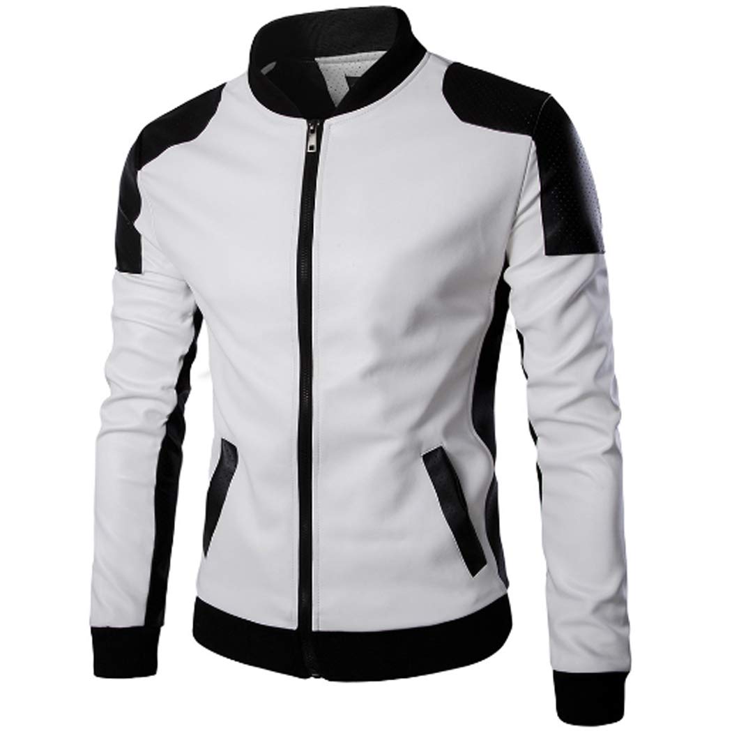 XMZFQ Men's Faux Leather Biker Jacket - Vintage Black & White Zippered Collar Coat for Spring & Autumn | Casual Biker Style Outerwear | Perfect for Motorcycle Rides, Night Out & Street Fashion (White, XXS)