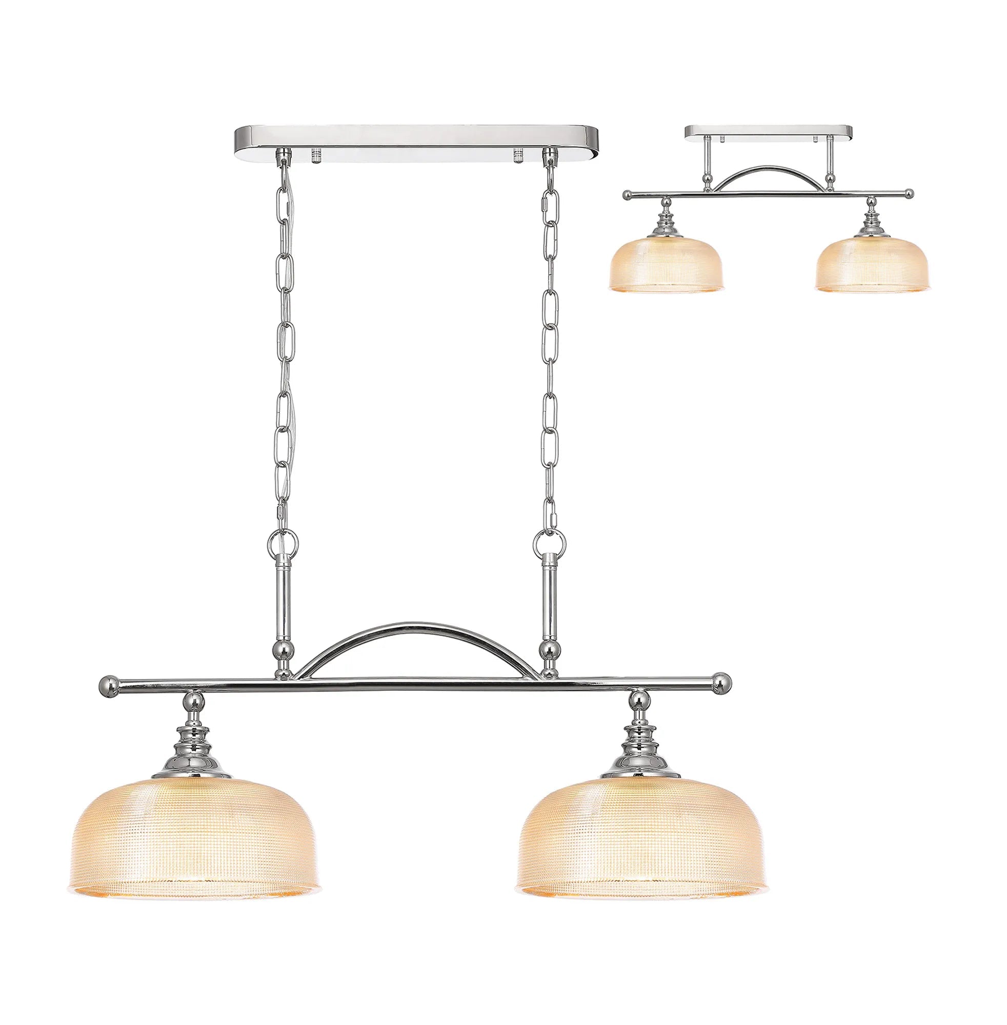 Cleron Semi Flush Mount Ceiling Light - Adjustable 2/3 Light Kitchen Lighting Fixture with E27 Socket in Satin Nickel, Polished Nickel & Antique Brass Finish - Prismatic Glass Shade for Dining Room, Bedroom or Hallway Lighting