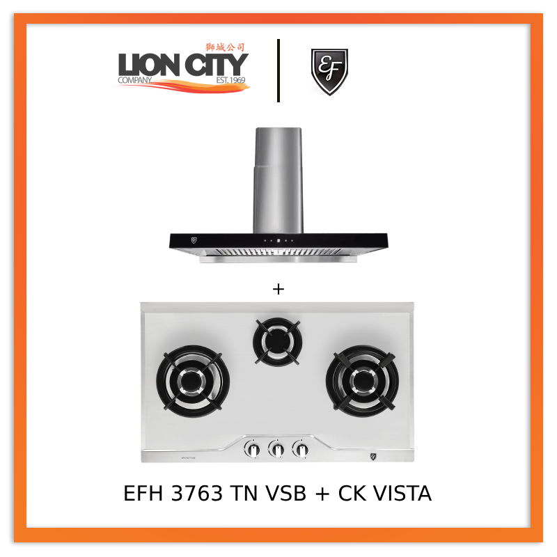 EF EFH 3763 TN VSB 78cm Built-in Stainless Steel Gas Hob + CK VISTA 90CM Cooker Hood - Premium Kitchen Appliances for Modern Homes, Perfect for Cooking, Grilling & Baking