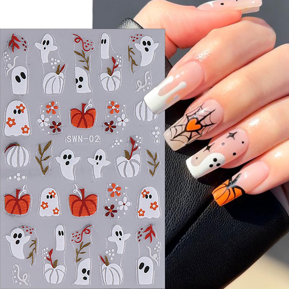 3D Halloween Nail Stickers for Women - Cute Ghost, Pumpkin & Spider Web Designs - Self-Adhesive Nail Art Decals for DIY Halloween Party Nails (6Pcs) - Perfect for Costume Parties, Trick-or-Treating & Spooky Nail Art