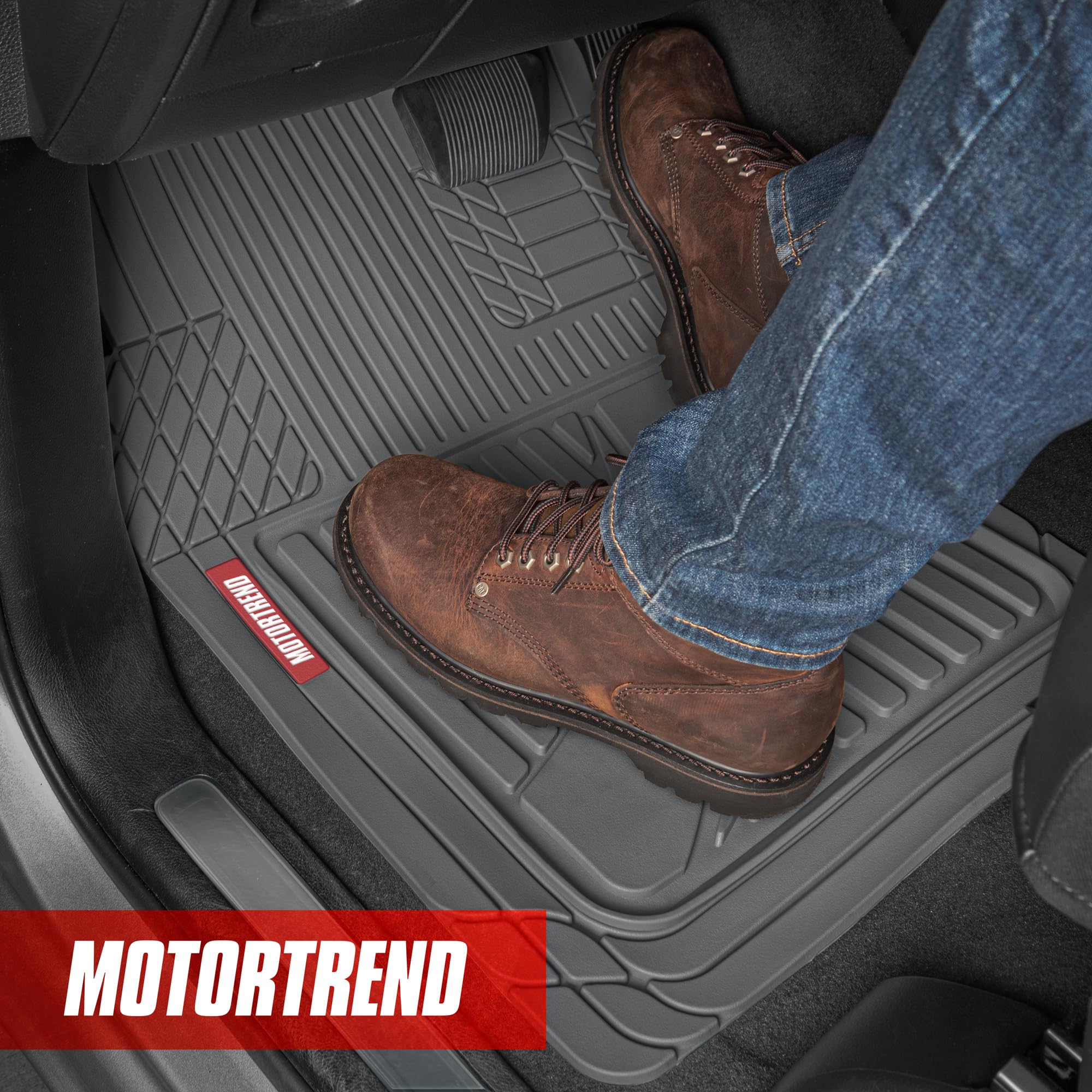 Motor Trend FlexTough™ Heavy Duty Rubber Car Floor Mats - All Weather Protection for Cars & SUVs | Universal Fit Gray Floor Liners & Trunk Mats Set | Perfect for Daily Commute, Road Trips & Off-Road Adventures