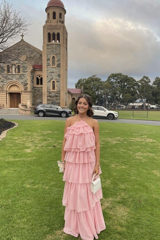 Elegant Pink Chiffon Halter Long Prom Dress with Layered Skirt - Perfect for Birthday Parties, Formal Events & Special Occasions