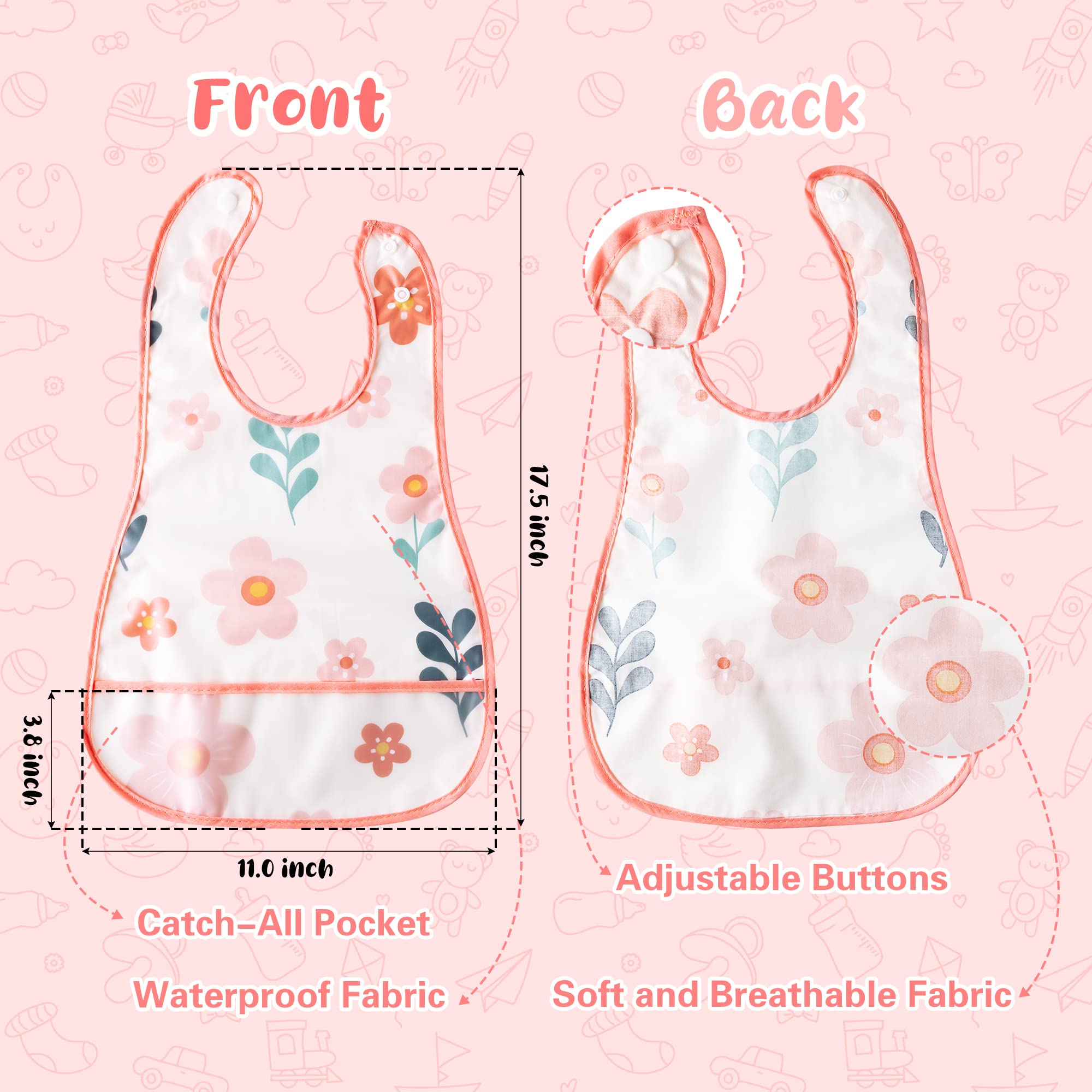 R HORSE 5Pcs Waterproof Baby Bibs Set with Crumb Catcher Pocket & Snap Button - Soft Toddler Feeding Bibs for 6-24 Months - Ideal for Mealtime, Travel & Daycare Use