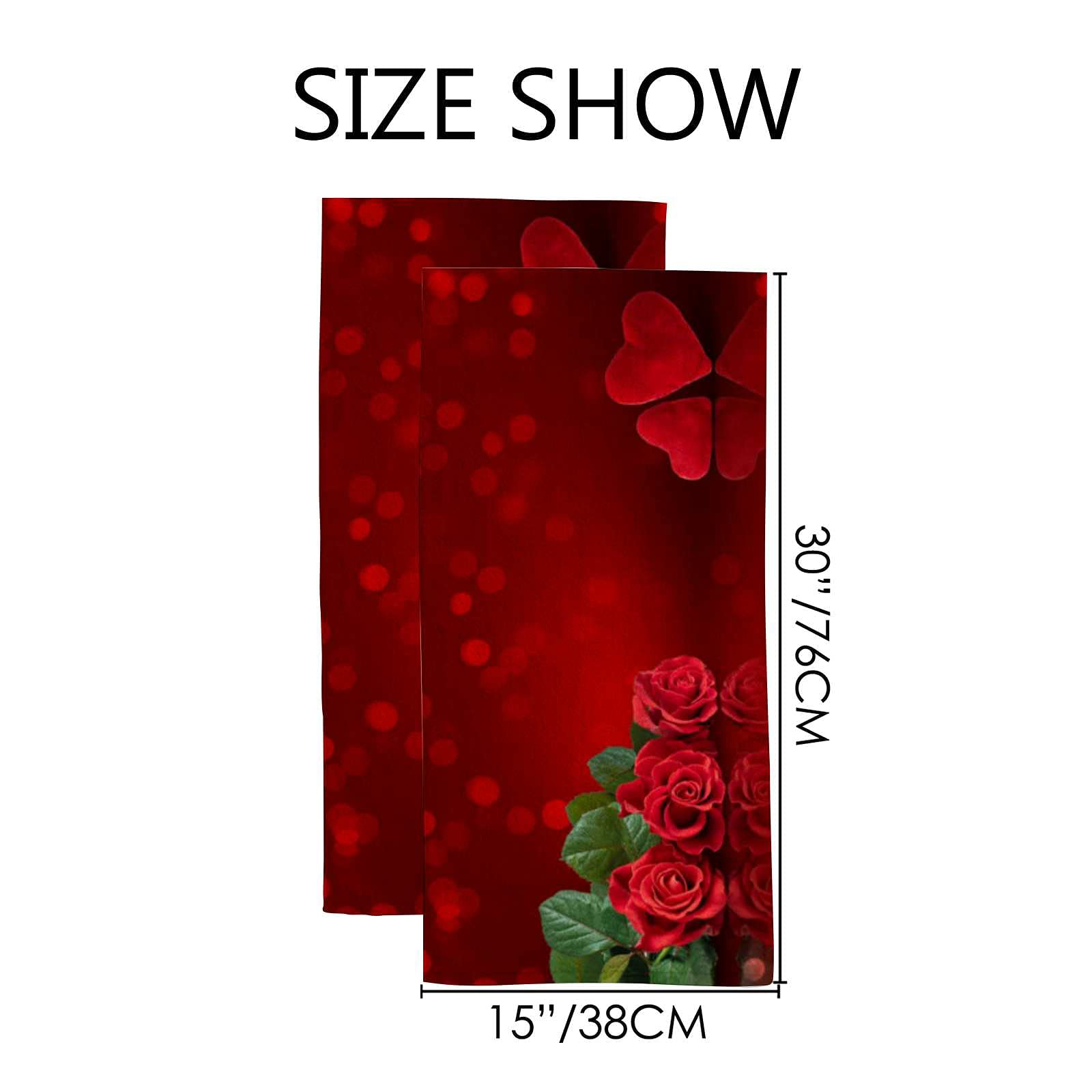 Kuizee Microfiber Hand Towel & Face Towel Set (2-Pack) - Valentine's Day Red Roses Heart Design, Quick-Drying, Highly Absorbent, Ultra Soft - 30x15 Inches for Bathroom, Kitchen & Spa Use