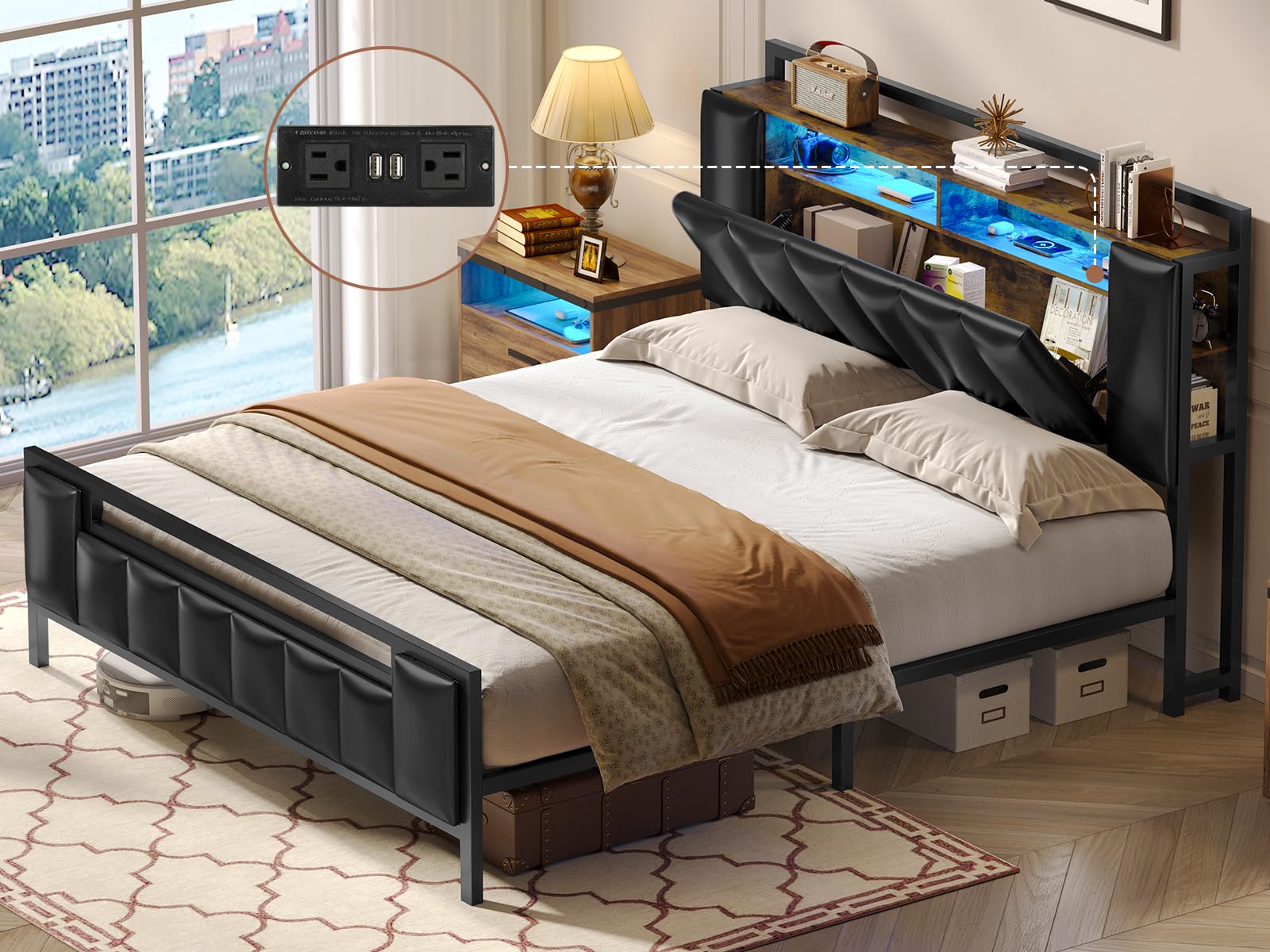 AOGLLATI Queen Size Upholstered Platform Bed Frame with Storage Headboard, LED Lights & USB Charging Station - No Box Spring Needed, Sturdy Metal Slats Support - Perfect for Modern Bedrooms, Guest Rooms & Small Space Living