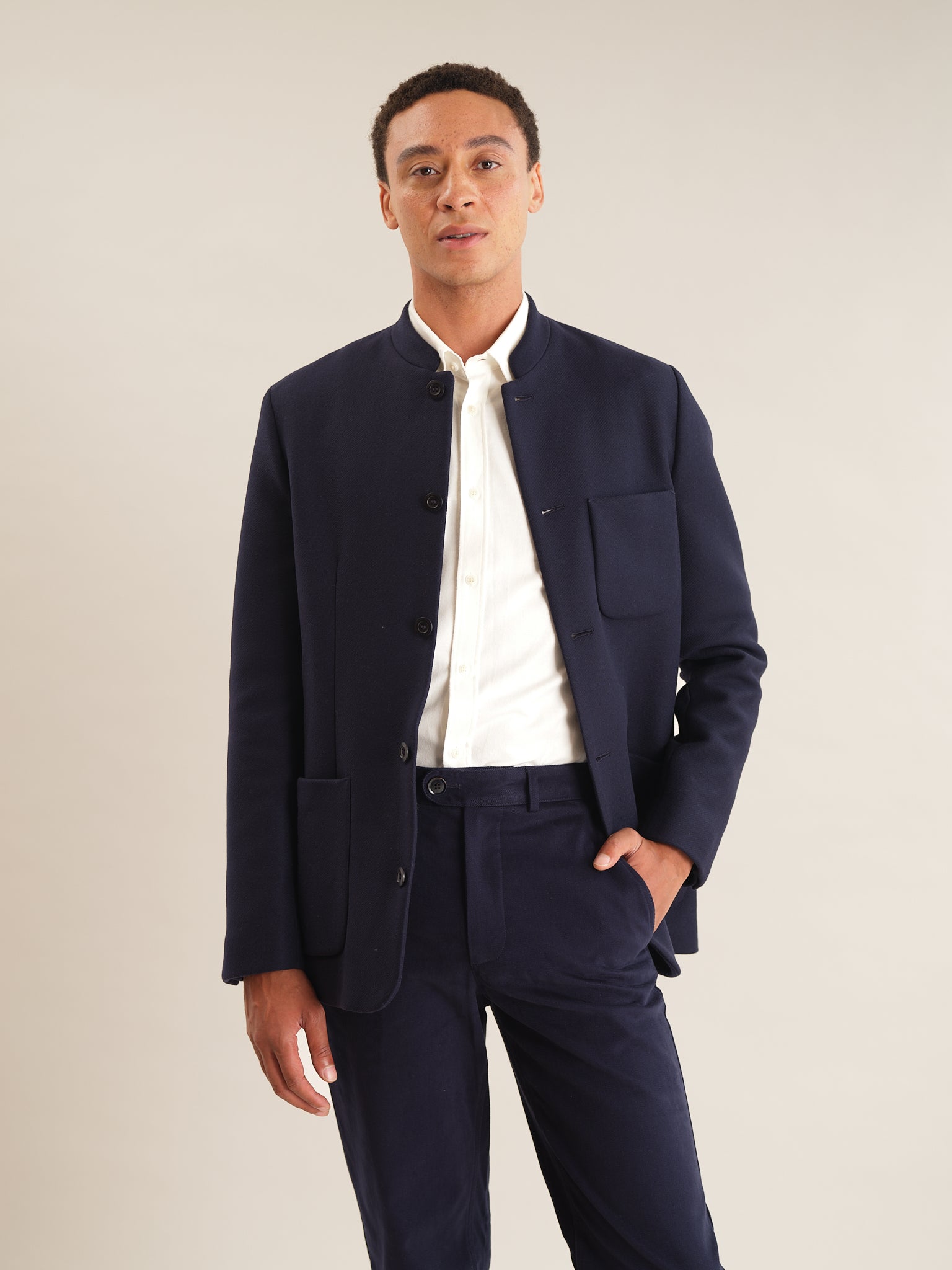Premium Navy Blue Wool Cashmere Nehru Jacket for Men - Elegant Formal & Business Attire - Perfect for Weddings, Office Wear, and Special Occasions
