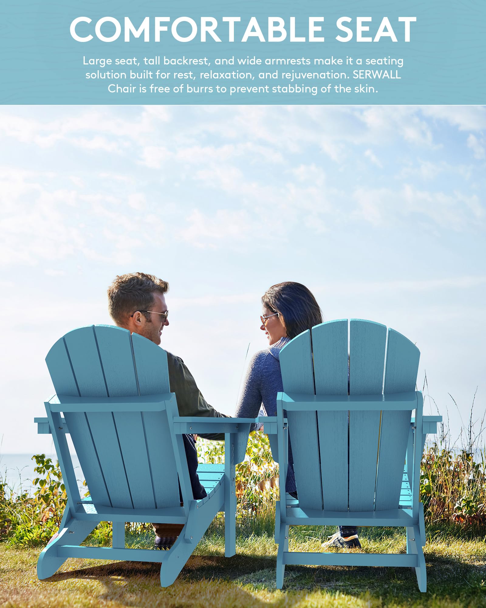 SERWALL Folding Adirondack Chair - Weather Resistant Outdoor Patio Furniture, Light Blue - Perfect for Backyard, Garden, Poolside & Beach Relaxation