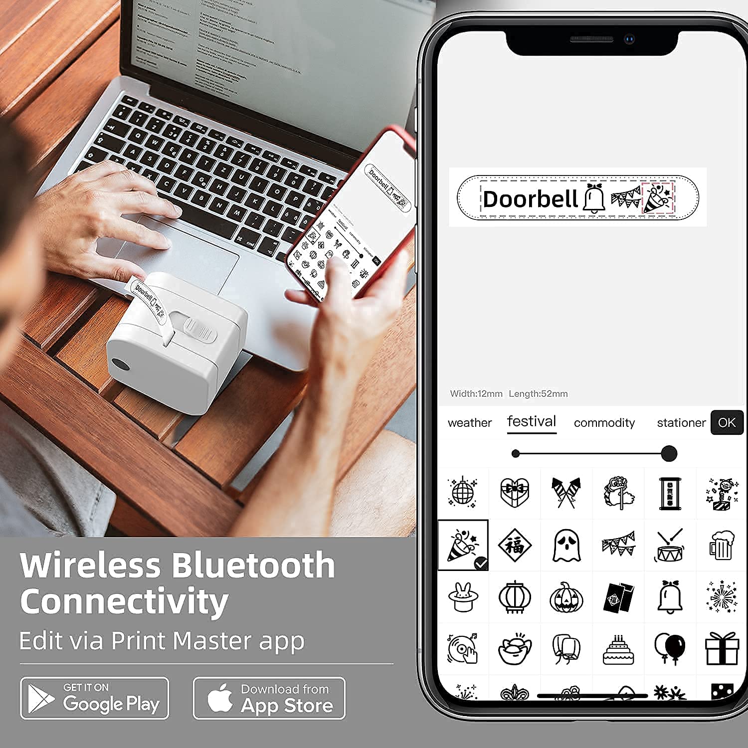 Phomemo P12 Bluetooth Label Maker Machine with Tape - 3 Pack Black on White Plastic Labels for Indoor & Outdoor Use - Perfect for Home, Office, Warehouse Organization and DIY Projects