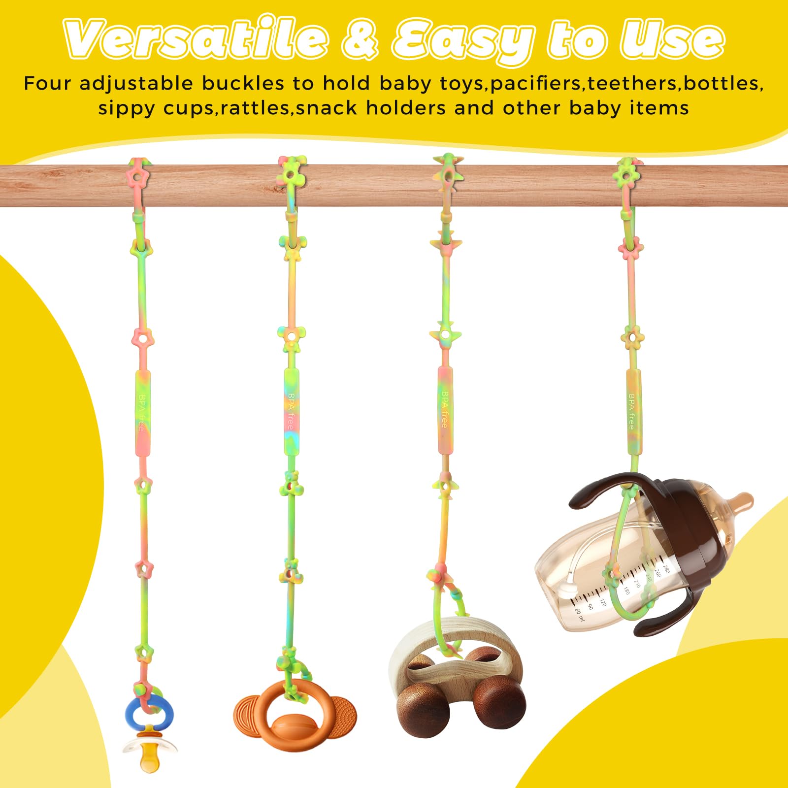 Baby Safety Straps - 4 Pack Silicone Pacifier Clips & Toy Tethers for Stroller, Car Seat, High Chair | BPA-Free Teething Straps with Busy Links | Travel Essentials for Infants & Toddlers (Use for Pacifiers, Bottles, Toys in Car, Stroller, Crib or High Chair)