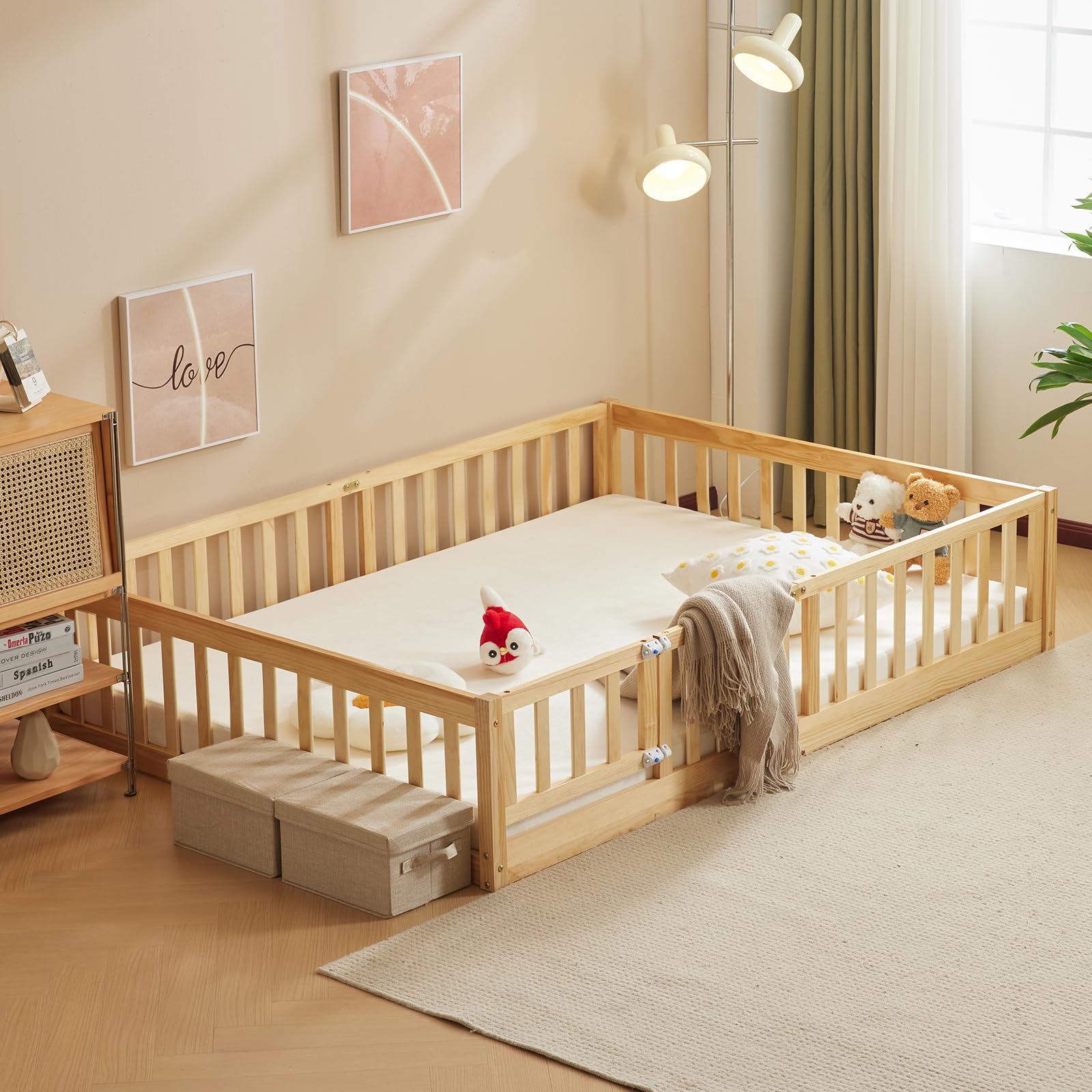 Montessori Toddler Floor Bed with Door & Safety Fence - Solid Wood Queen Size Kids Bed Frame with 12 Slats & Guardrails for Boys & Girls (Natural) - Perfect for Montessori Bedrooms, Safe Sleep Training & Child Independence Development