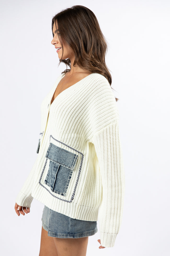 Living For Today Ivory Denim Pocket Cardigan - Women's Lightweight Knit Sweater | Perfect for Casual Outfits & Layering in Fall/Winter
