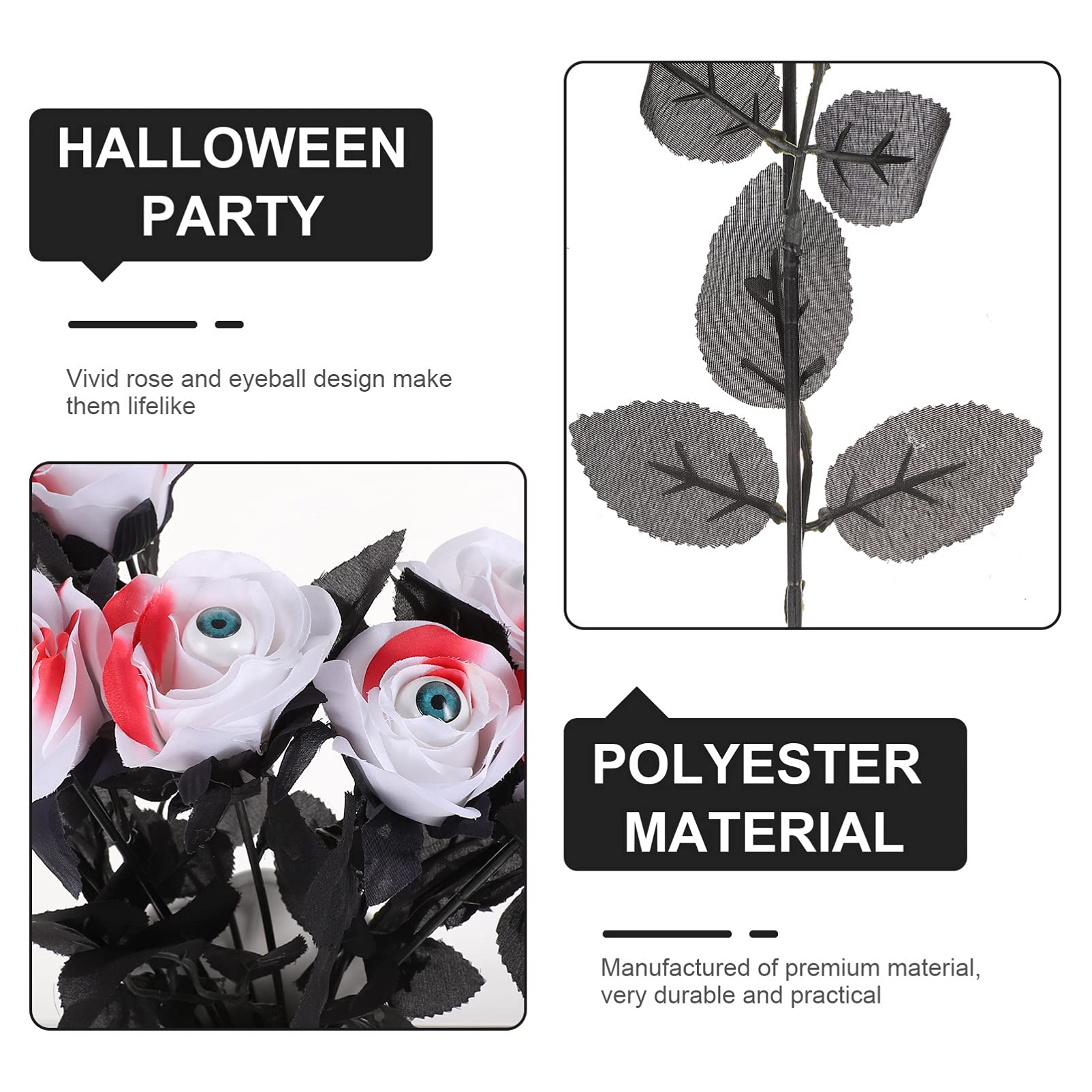 8pcs Black Silk Rose Stems with Eyeball Flowers - Fake Rose Bouquet for Halloween Decor, Wedding Centerpieces, Bride Table Accessories, and Home Dining Decor - Polyester Artificial Roses