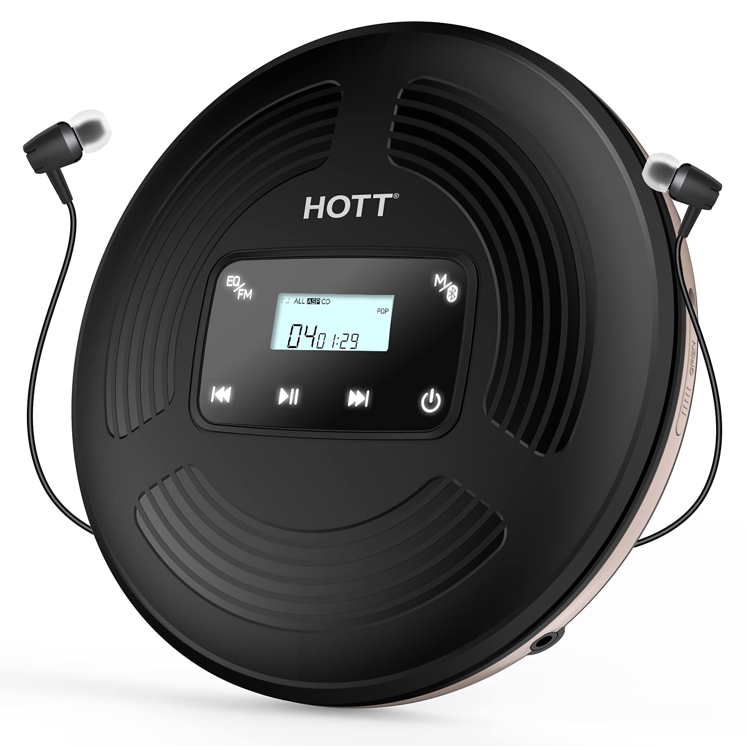 HOTT CD903TF Rechargeable Bluetooth CD Player for Car - Portable with AUX Output, FM Transmitter, Touch Buttons & Anti-Shock Protection - Black - Perfect for Road Trips, Commuting & Wireless Music Streaming