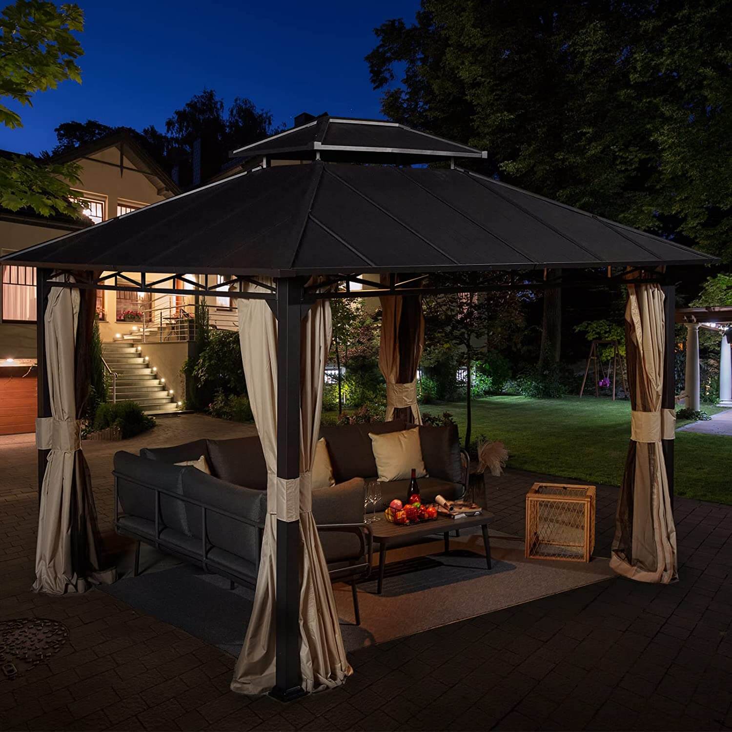 10' x 12' Iron Gazebo with Hardtop Double Roof - Rust-Resistant Coated Frame, Waterproof Curtains & Netting - Perfect for Outdoor Patio, Garden, and Backyard Relaxation