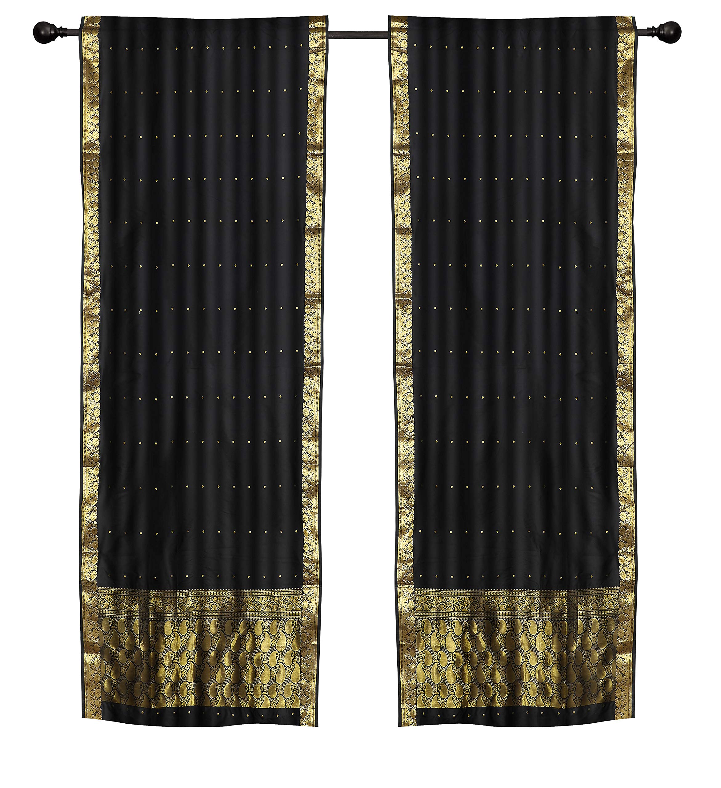 2 Panel Boho Black Indian Sari Curtains with Rod Pocket - 43 Inch Wide x 63 Inch Long - Elegant Window Drapes for Living Room, Bedroom & Home Decor