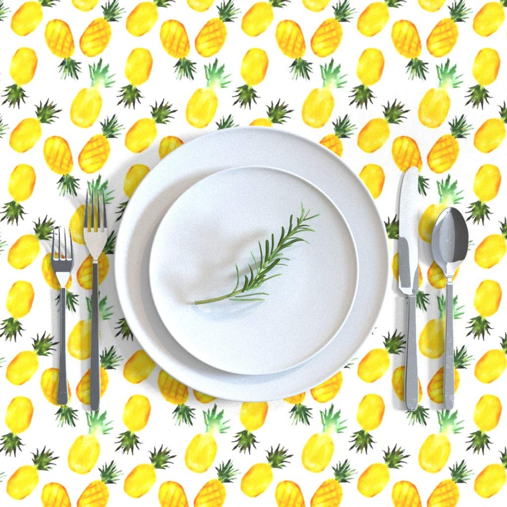 Custom Watercolor Pineapple Print Cotton Sateen Tablecloth 70x90 Inches - Tropical Yellow Summer Fruit Design for Dining Room, Kitchen & Outdoor Party Decor