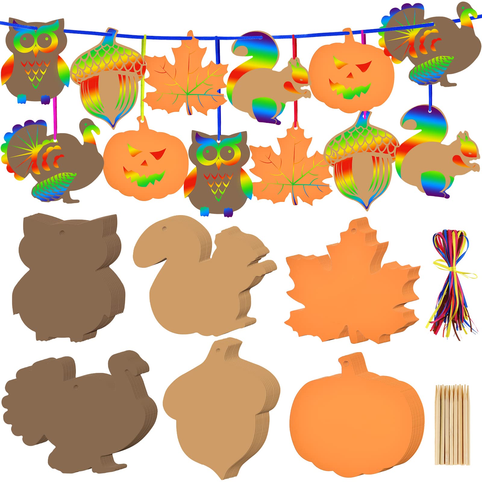 60-Piece Fall Thanksgiving Scratch Art Cards for Kids - Pumpkin, Autumn Leaves, Turkey, Squirrel & Rainbow Designs | DIY Craft Supplies for Classroom, Birthday Party & Holiday Decorations | Fun Autumn Activity & Thanksgiving Party Favors