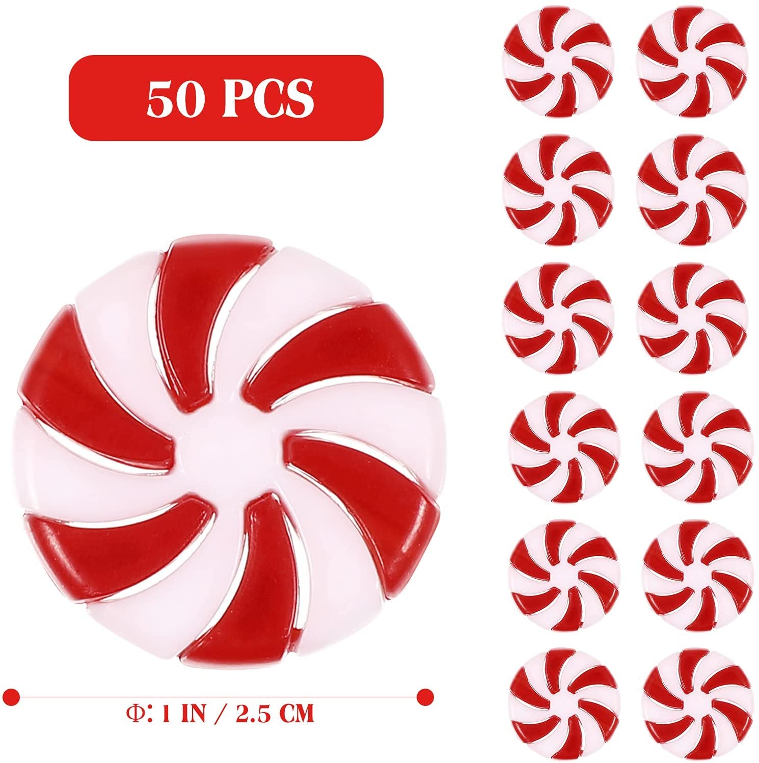 50-Piece Red & White Christmas Garland Candy Swirl Ornaments - Plastic Candy Tree Decorations with Crystal Wire for Xmas Home & Party Decor | Holiday Mantel, Tree, Gift Wrapping