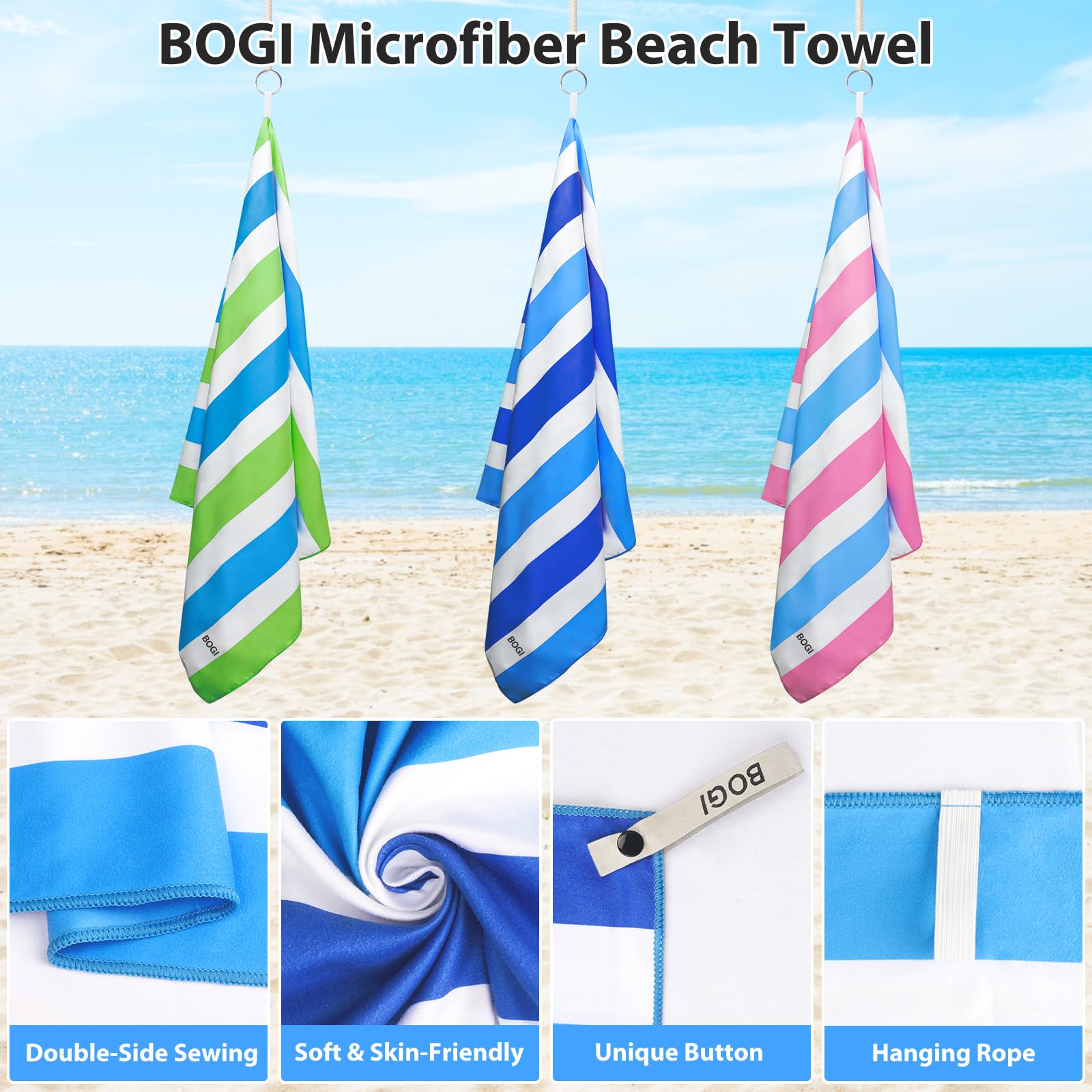 BOGI Quick Dry Microfiber Beach Towel Set - Large & XL Lightweight Absorbent Oversized Travel Towels | Sand Proof Compact Pool Towels for Beach, Swim, Gym, Yoga & Travel - Perfect for Vacation, Outdoor Activities & Sports