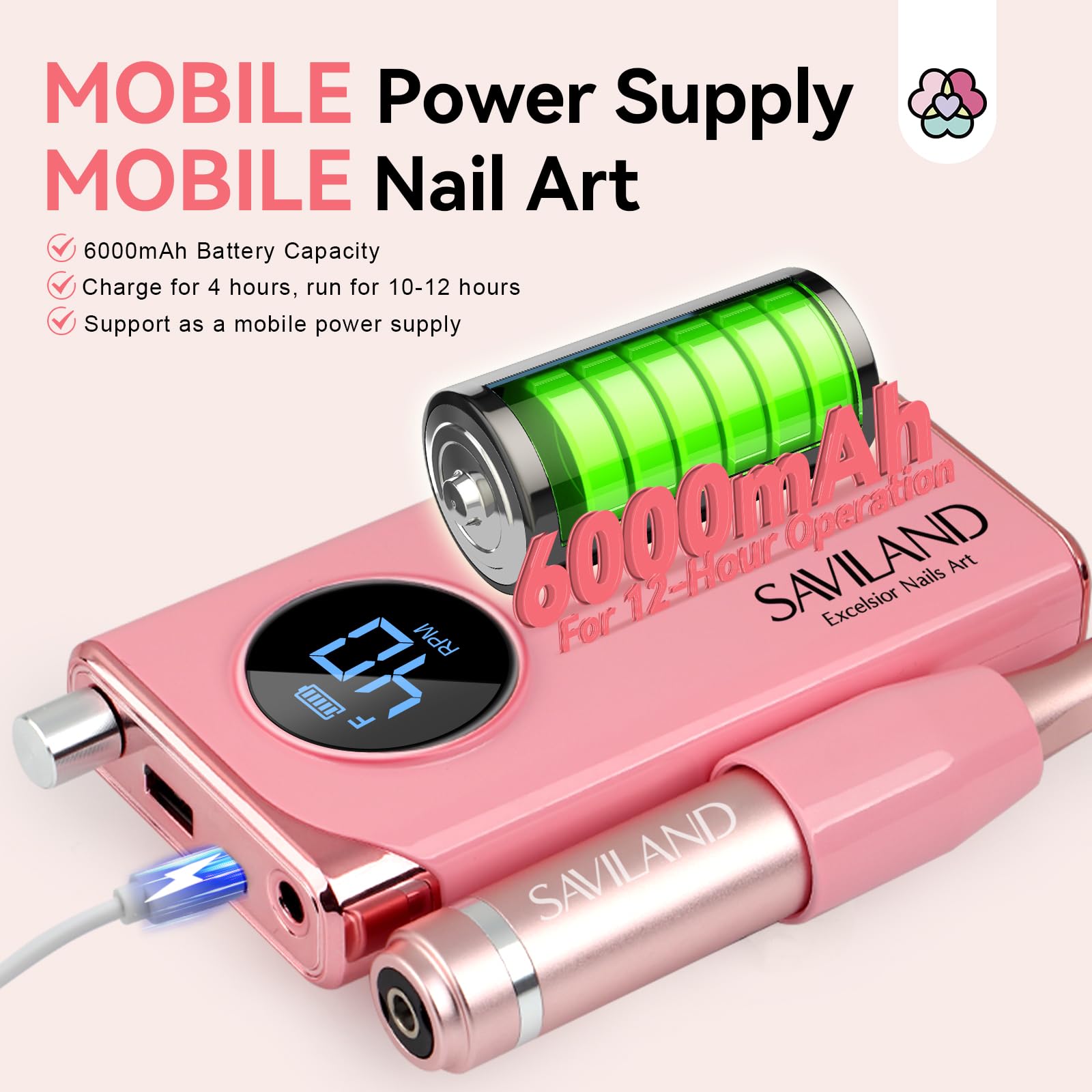 SAVILAND Professional Electric Nail Drill Kit - 40000 RPM High Speed Pink Nail File Machine with 13 Drill Bits for Acrylic, Gel, Dip & Artificial Nails | Perfect for Home Salon, Manicure & Pedicure Care