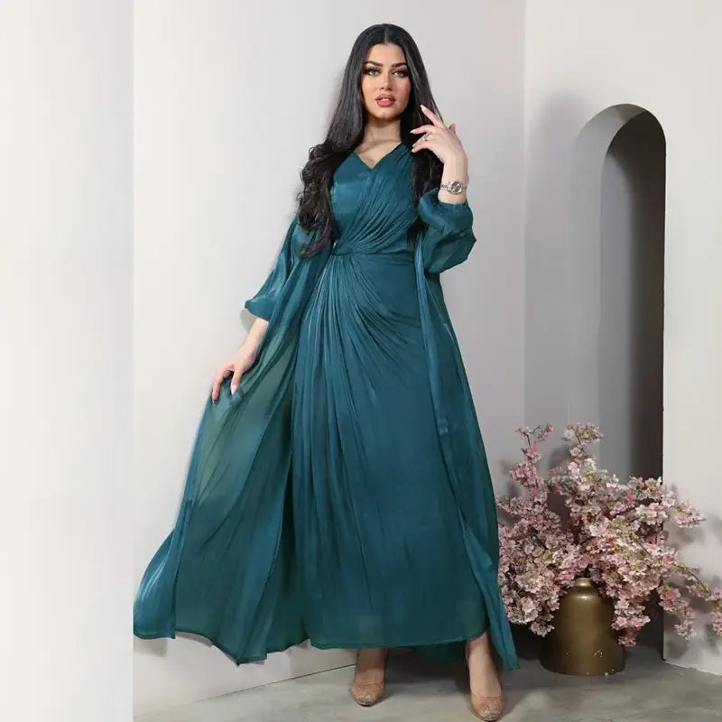2 Piece Set Bright Satin Open Abaya Dress with Inner Sleeveless Dress - Muslim Prayer Dress, Eid Outfit, Ramadan Fashion, Modest Evening Wear for Women