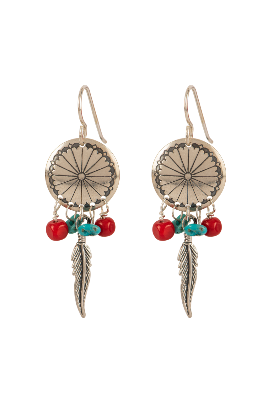 Paige Wallace Concho Feather Earrings - Handmade Boho Chic Dangle Earrings for Women | Perfect for Festivals, Parties, and Everyday Wear