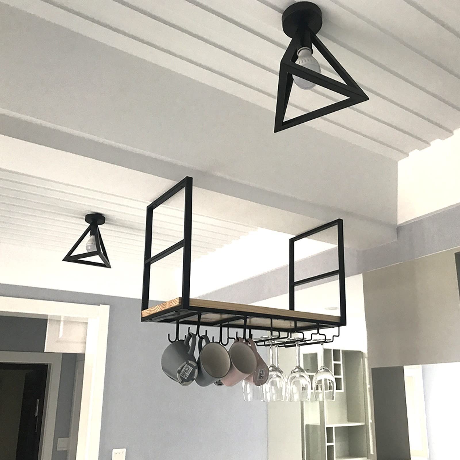 Vintage Solid Wood Hanging Wine Rack Shelf - Ceiling Mounted Wine Glass Holder, Floating Metal Plant Display, Wall Storage Rack for Kitchen, Living Room, Bar - Perfect for Home Decor, Wine Collection & Indoor Gardening