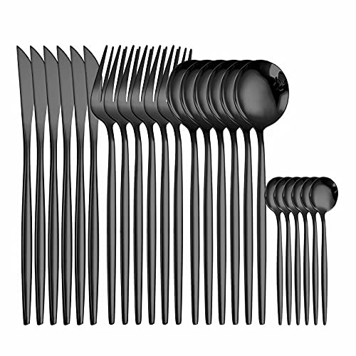 24-Piece Stainless Steel Silverware Flatware Set - Complete Dinnerware Cutlery with Forks, Spoons & Knives - Eco-Friendly Black Tableware (6 Sets) - Perfect for Restaurants, Weddings, Dinner Parties & Everyday Use