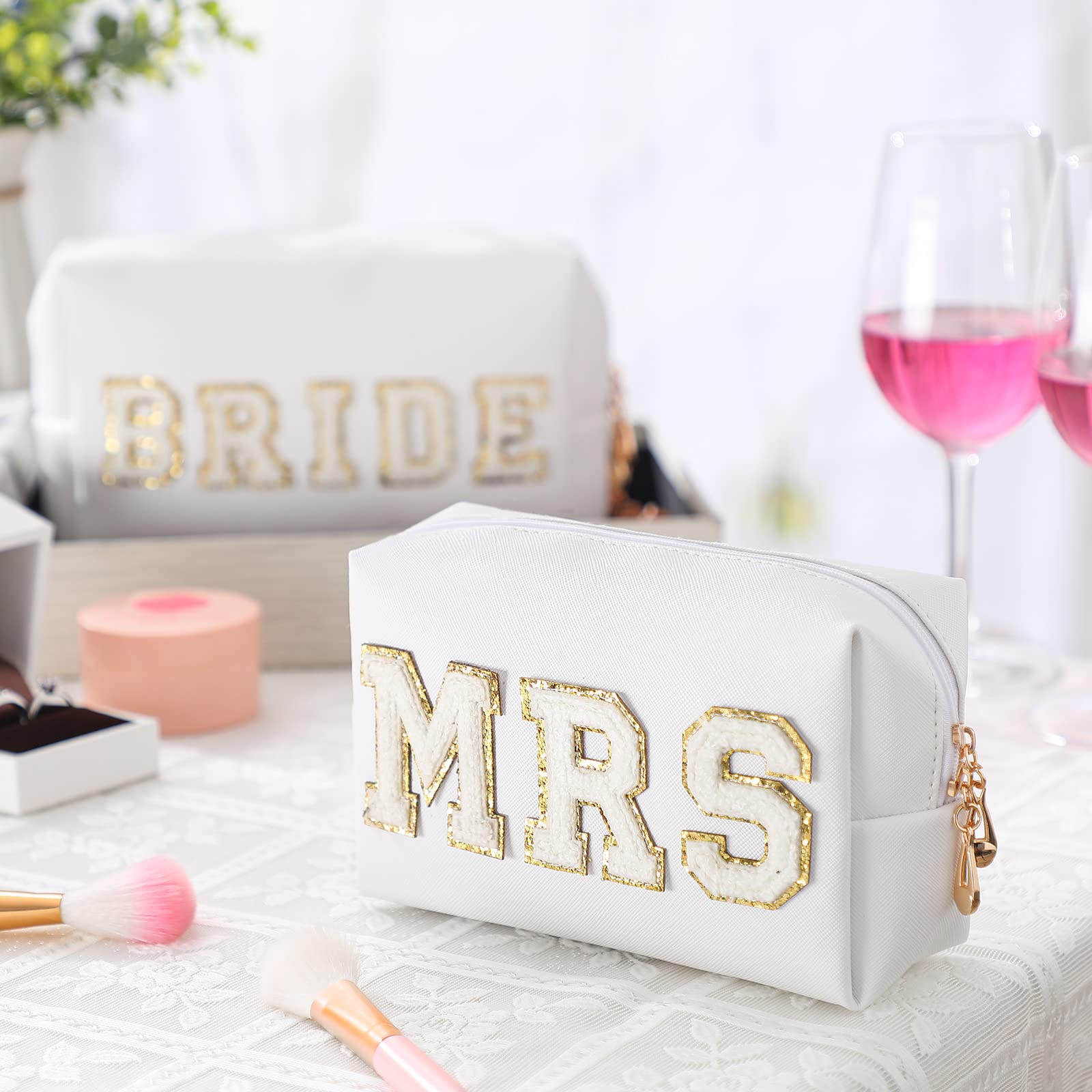 Pinkunn 2 Pcs Bride Makeup Bag Set - Mrs & Wifey Cosmetic Pouch, I Do Hubby Wedding Travel Toiletry Purse for Honeymoon, Bridal Shower Gift for Women & Girls (White, PU Leather) - Perfect for Wedding Parties & Bridal Organizer
