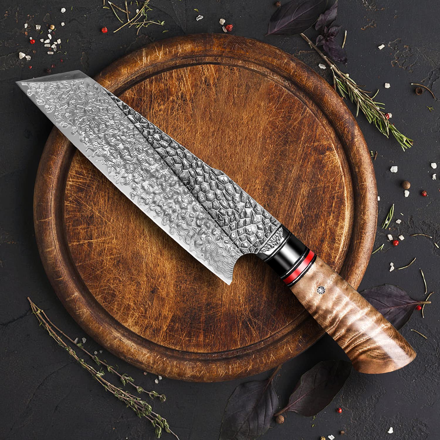 7.6 Inch Handmade Santoku Chef Knife - Ultra Sharp Damascus Steel Blade with Burl Wood Handle - Japanese Style Kitchen Knife for Home & Restaurant Use - Perfect for Slicing, Dicing & Chopping Vegetables, Meat & Fish