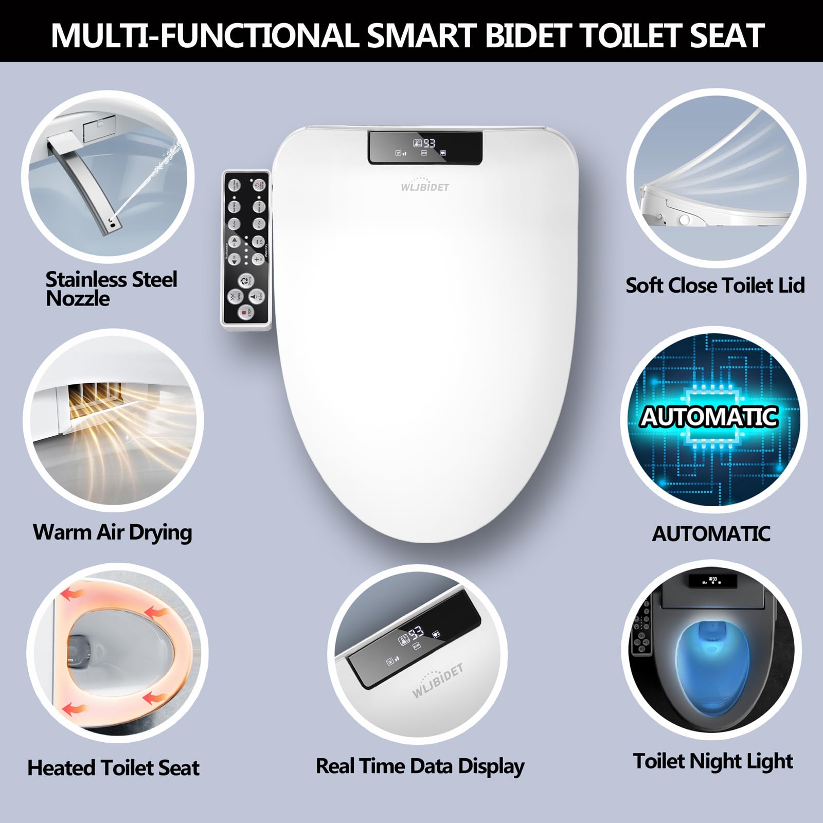 Premium Elongated Bidet Toilet Seat - Smart Electronic Heated Toilet Seat with Unlimited Warm Water, Adjustable Temperature & Warm Air Dryer | Self-Cleaning Stainless Steel Nozzle & Side Panel Control | Perfect for Modern Bathrooms & Luxury Home Upgrades