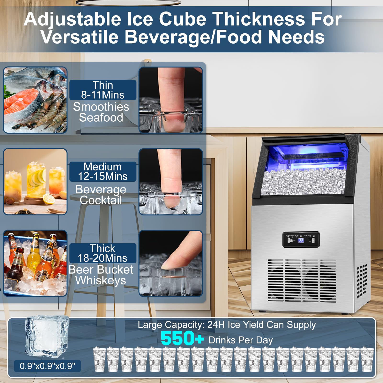 Commercial Ice Maker Machine 120Lbs/24H, Stainless Steel Under Counter or Freestanding with 2 Water Inlet Modes - Makes 36 Ice Cubes in 8-15 Mins, 28Lbs Storage Bin - Perfect for Home, Office, Bar, Restaurant, and Commercial Use