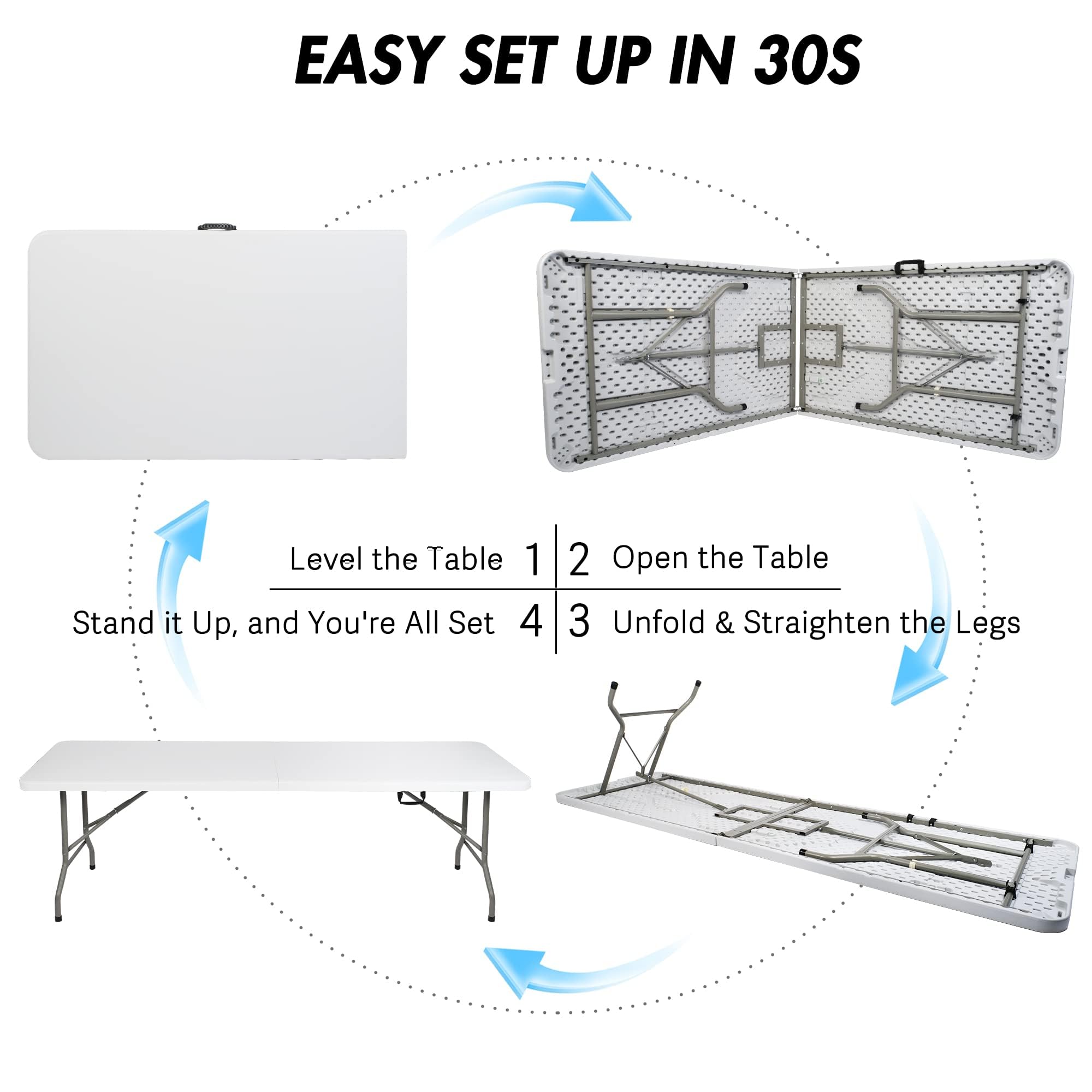 8FT Heavy Duty Folding Table - Portable Indoor Outdoor Camping Party Table with HDPE Tabletop & Carrying Handle - White - Perfect for BBQs, Picnics, Tailgating and Outdoor Events