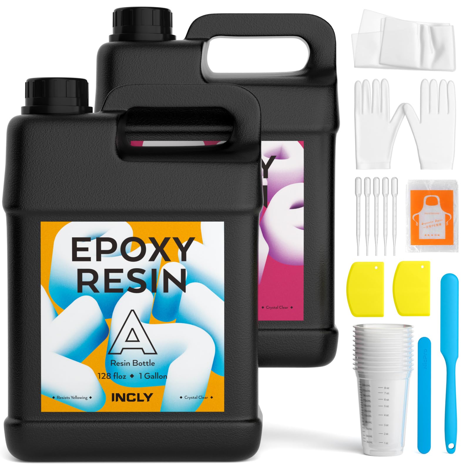 INCLY 2 Gallon Crystal Clear Epoxy Resin Kit - Bubble Free, Non-Yellowing for Jewelry Making, DIY Crafts, Table Tops, Molds - Includes Mixing Cups & Sticks - Self-Leveling 1:1 Ratio - Perfect for Home Decor, River Tables & Resin Art Projects