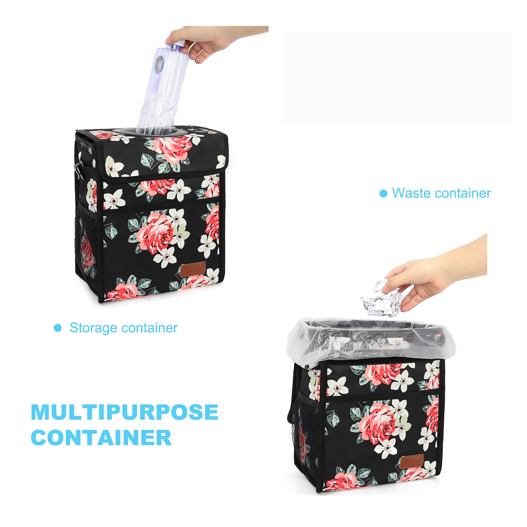 Leak Proof Car Trash Can with Lid - Waterproof Hanging Garbage Bag for SUV & Front Seat, Collapsible & Portable Car Trash Bin with Storage Mesh Pocket (Large/Flower) - Perfect for Road Trips, Commuting & Keeping Your Vehicle Clean