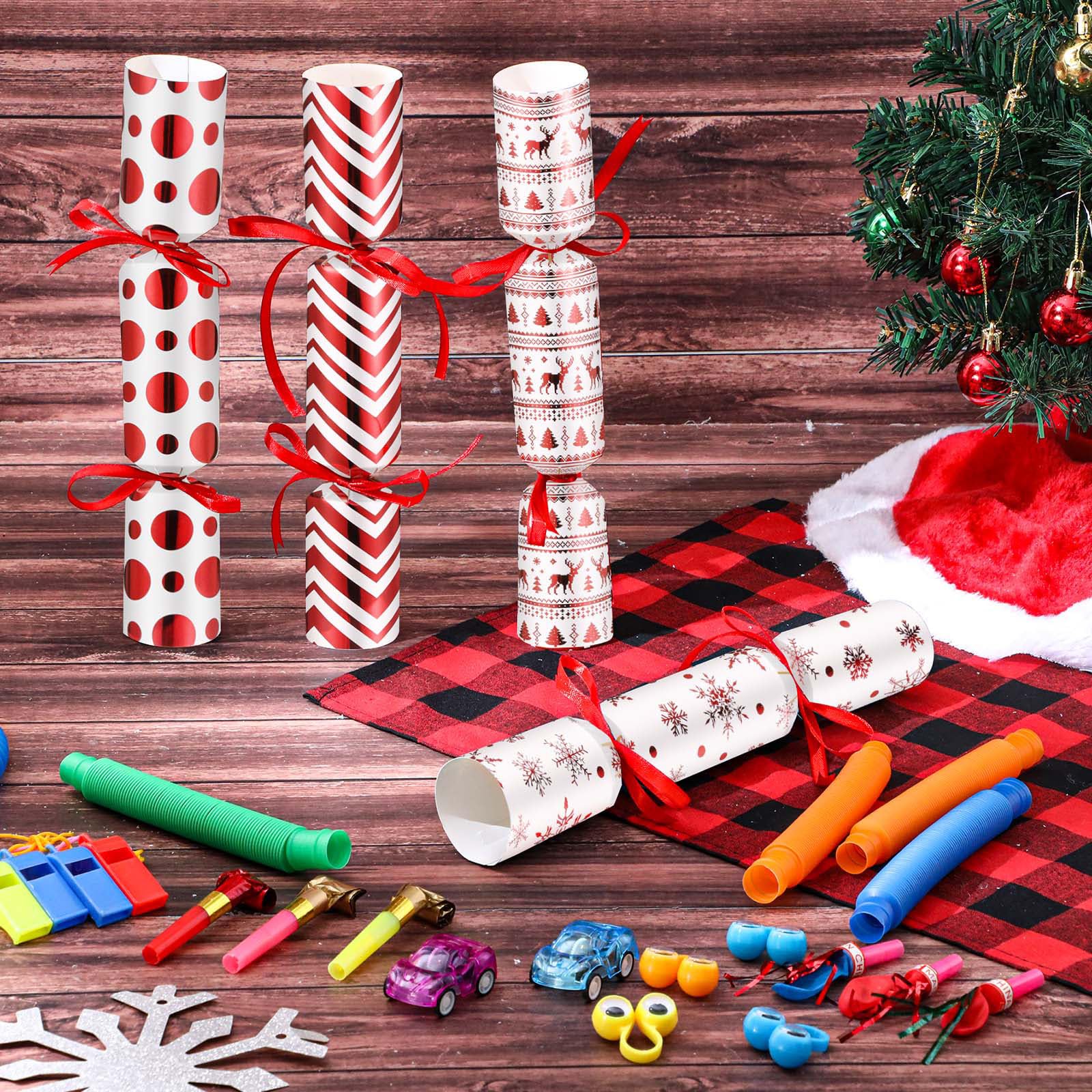 Syhood 24 Pack Christmas Party Crackers with Prizes & Toys - DIY Holiday Table Favors Set for Kids (Red) - Perfect for Xmas Parties, Gift Exchanges & Family Gatherings