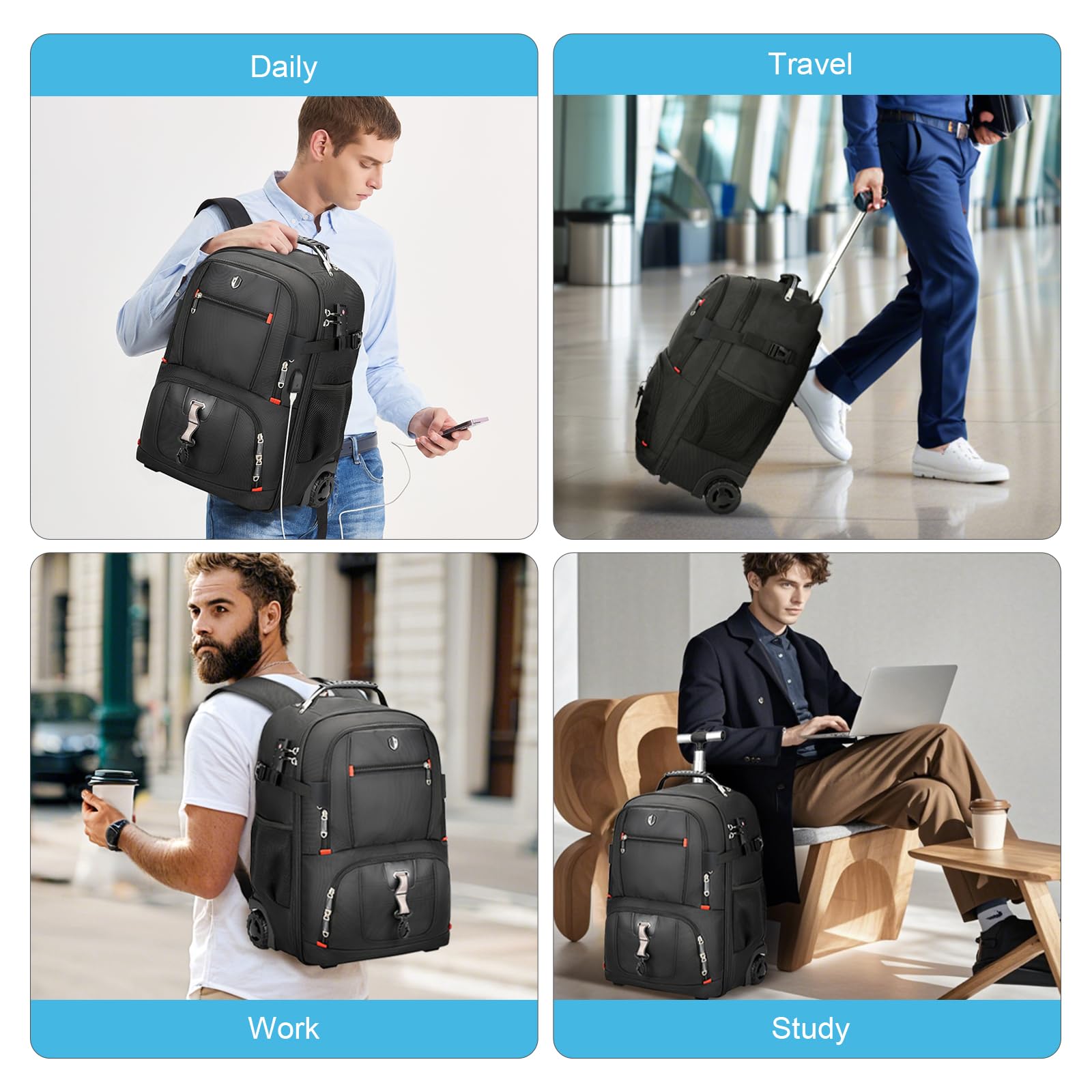 50L Anti-Theft Vacuum Rolling Backpack - Water-Resistant Carry-On Luggage for Travel, Business & Commuting | Perfect for Airports, Office & Daily Use (Black)