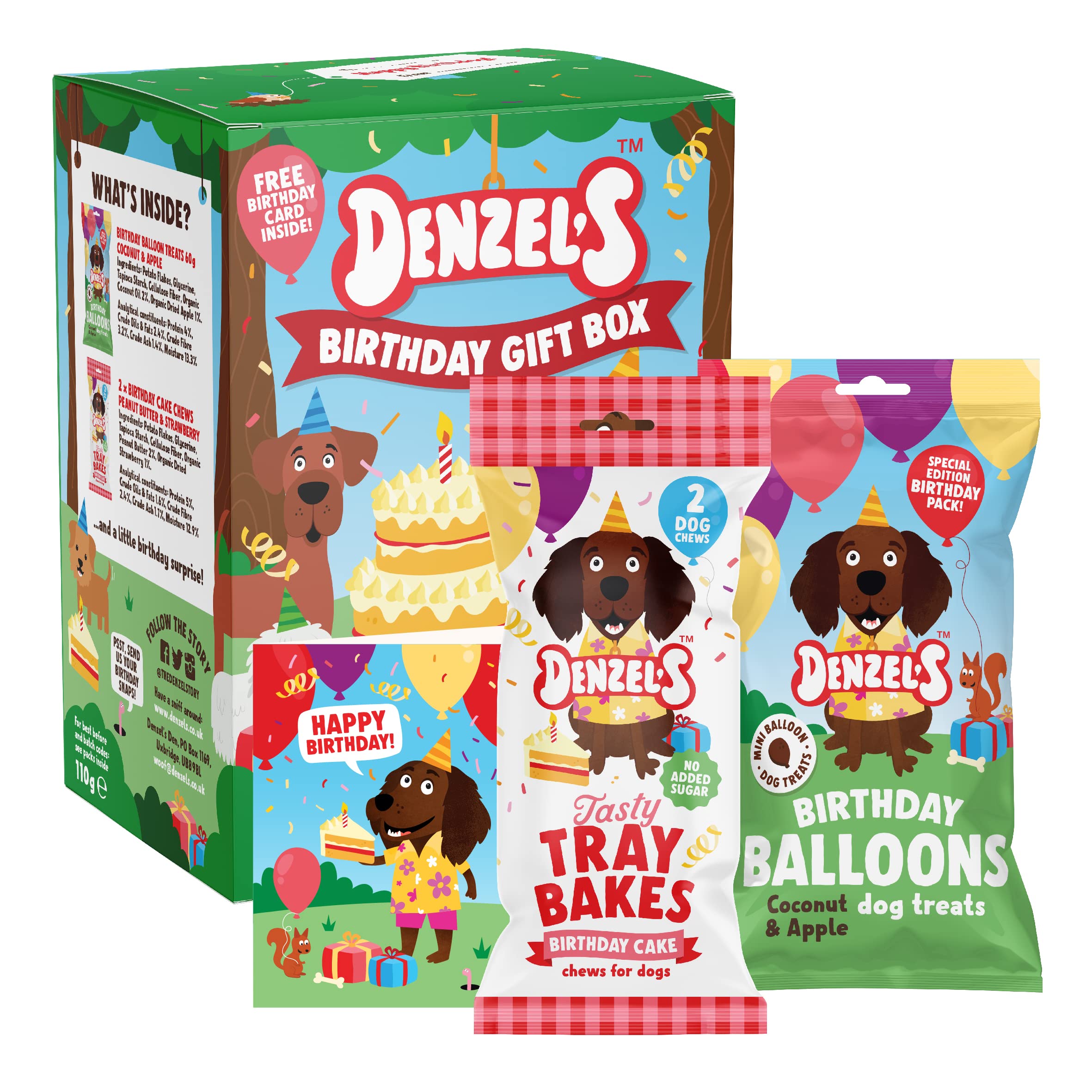 Denzel's Mini Birthday Gift Box for Dogs - Peanut Butter & Strawberry Cake Chews + Coconut & Apple Balloon Shaped Treats (110g) - Perfect for Birthday Parties, Puppy Celebrations & Special Occasions