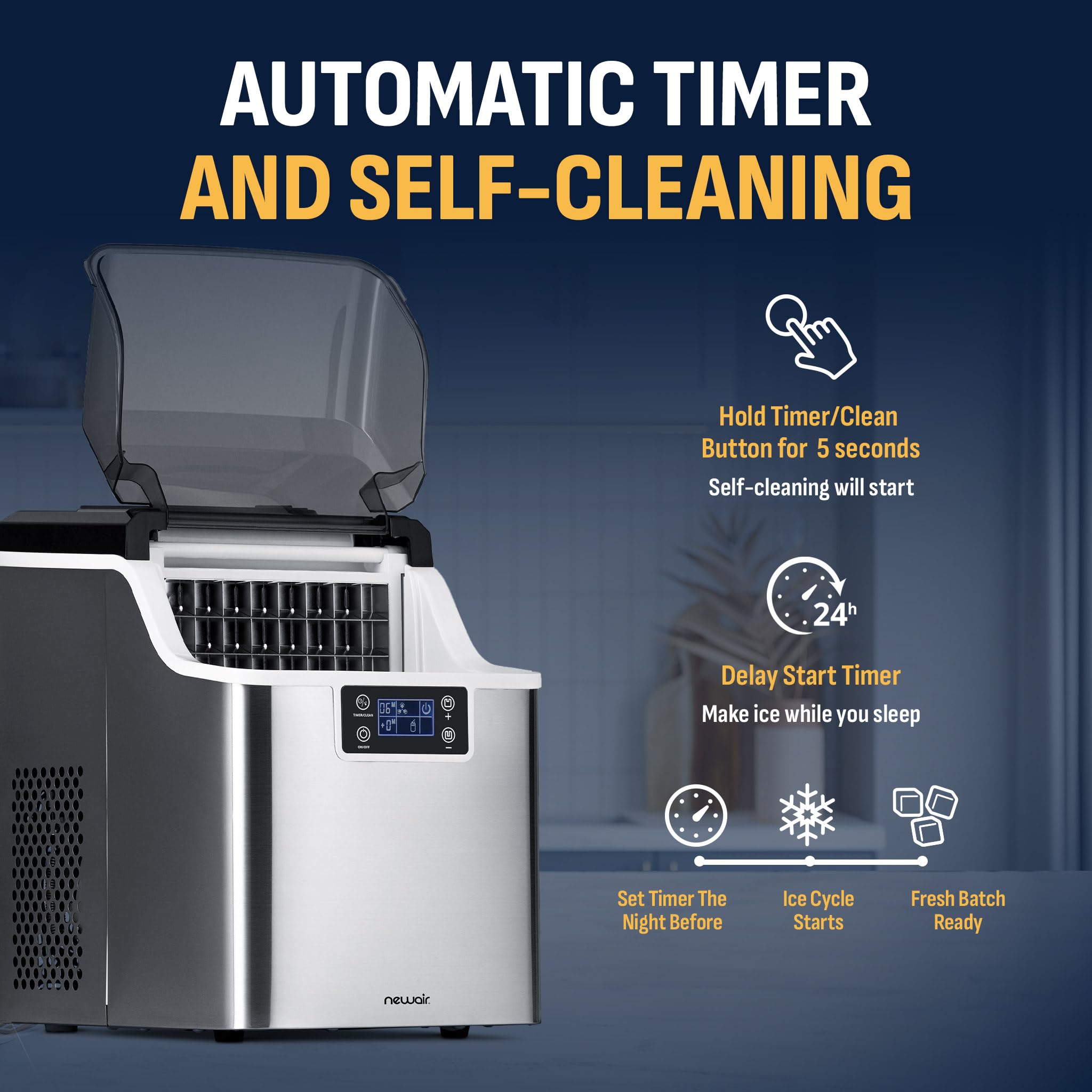 Newair 45lbs/Day Countertop Clear Ice Maker with Self-Cleaning & Adjustable Ice Thickness - Portable Ice Cube Machine with 24H Timer - Perfect for Home, Office, RV, Outdoor Bar & Parties - Stainless Steel Design