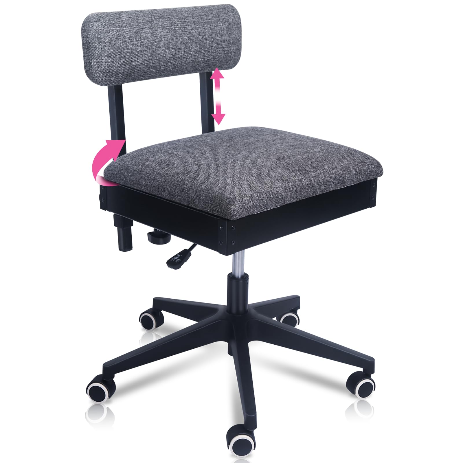 Pink Power Hydraulic Sewing Chair with Wheels & Adjustable Back Support - Ergonomic Armless Craft Chair for Sewing, Quilting & DIY Projects - Perfect for Home Studios, Craft Rooms & Professional Workshops