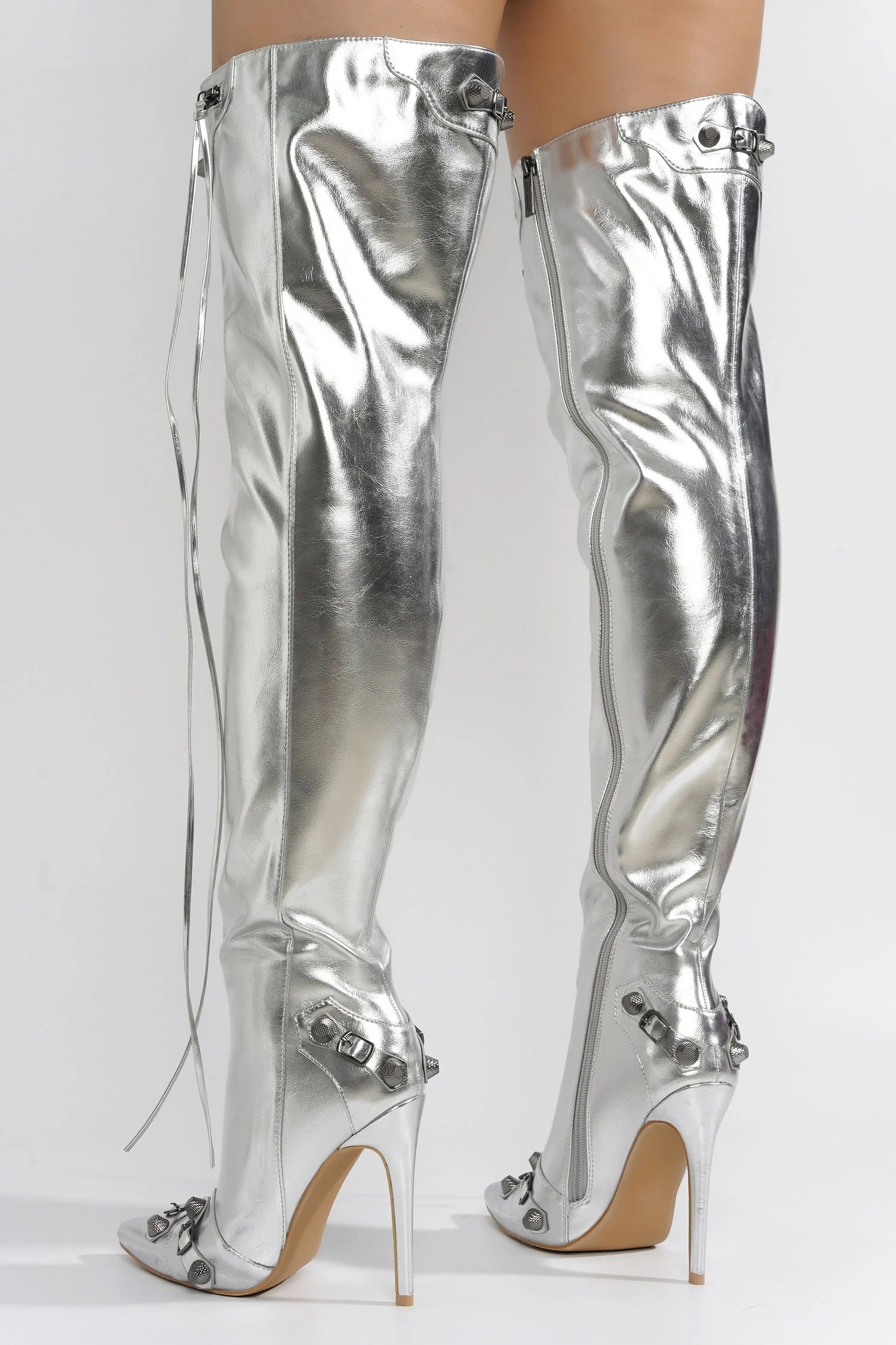 Paola Women's Over The Knee Boots - Silver Metallic High Heel Thigh High Boots for Party, Night Out & Special Occasions
