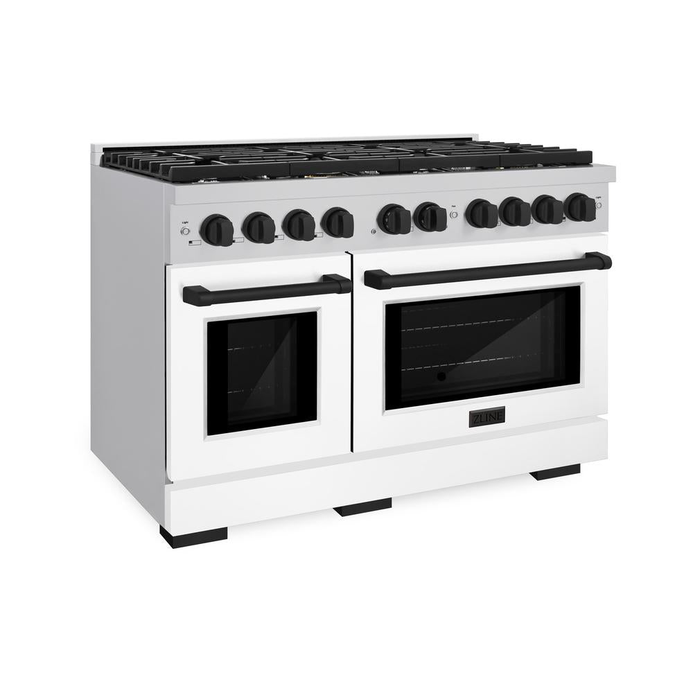 ZLINE Autograph Edition 48-inch 6.7 cu. ft. Stainless Steel Double Oven Gas Range with 8-Burner Cooktop, White Matte Doors & Matte Black Accents (SGRZ WM 48 MB) - Perfect for Large Kitchens, Professional Chefs & Entertaining Guests