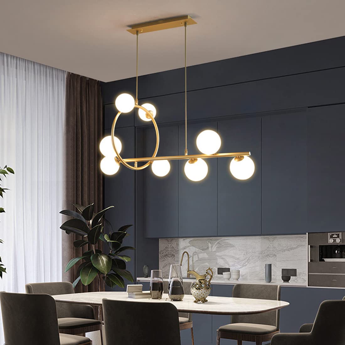 8-Light Globe Chandelier Gold Linear Pendant Light Fixture with Magic Bean Molecule Glass Orb Shade - Modern Ceiling Light for Dining Room, Kitchen, Bedroom, Living Room (White Shade) - Perfect for Home Decor, Wedding Venues and Restaurant Lighting