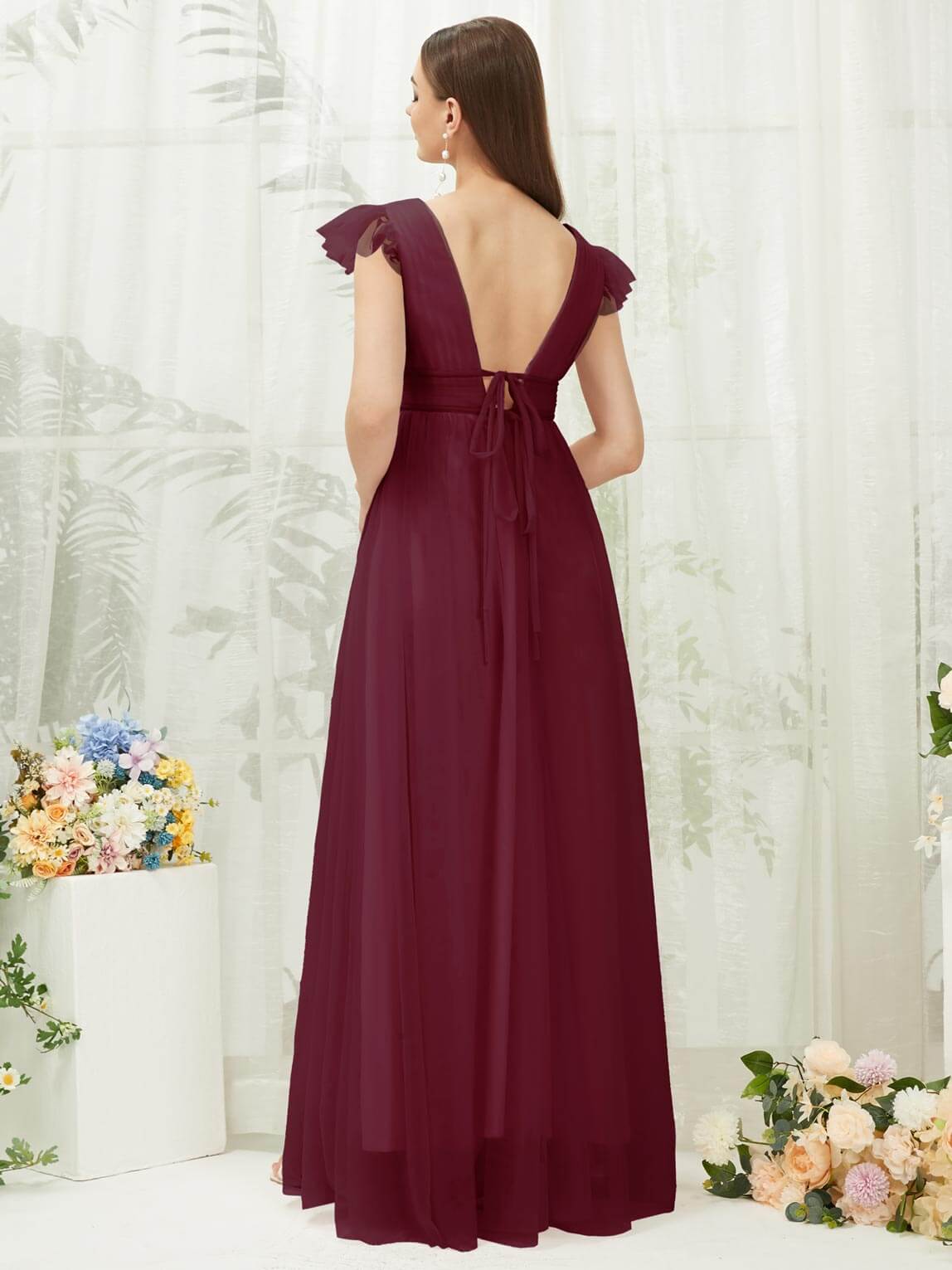 Elegant Burgundy Tulle Cap Sleeve Floor-Length Flowy Bridesmaid Dress for Wedding Party & Formal Events