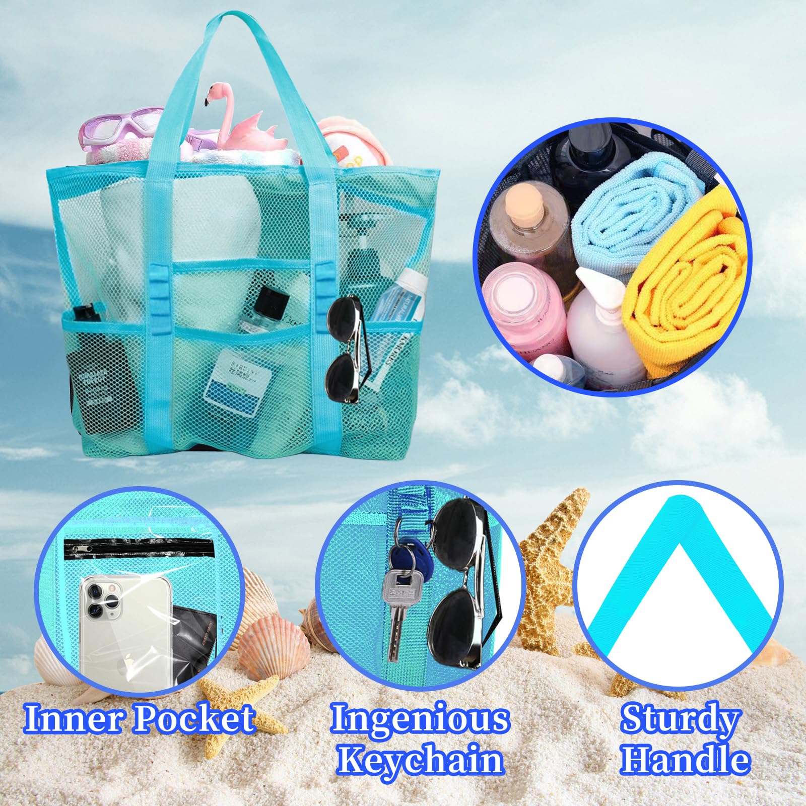 Large Mesh Beach Bag - Lightweight & Foldable Family Beach Tote with 9 Pockets for Toys, Towels & Essentials - Perfect for Pool, Vacation & Summer Outings