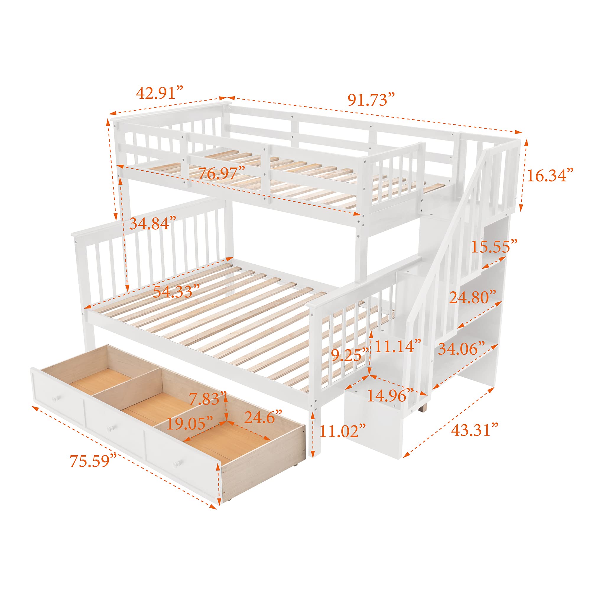 MERITLINE Twin Over Full Bunk Bed with Stairs - Solid Wood Bunk Bed Frame with Storage Drawers & Shelves, No Box Spring Required - White - Perfect for Kids' Bedrooms, Guest Rooms & Small Spaces