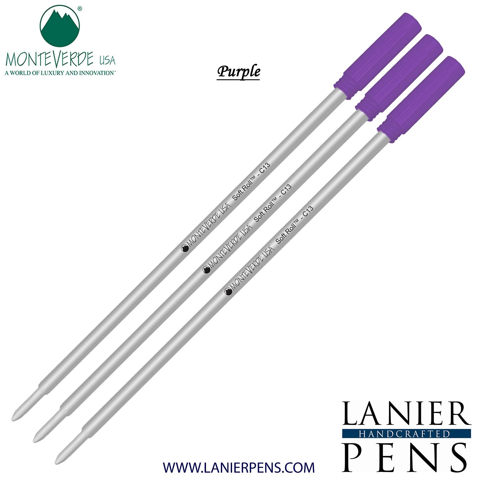 Monteverde Soft Roll Ballpoint Ink Refills 3-Pack - Purple Medium Tip 0.7mm - Compatible with Cross Style Pens - Perfect for Office, School & Everyday Writing