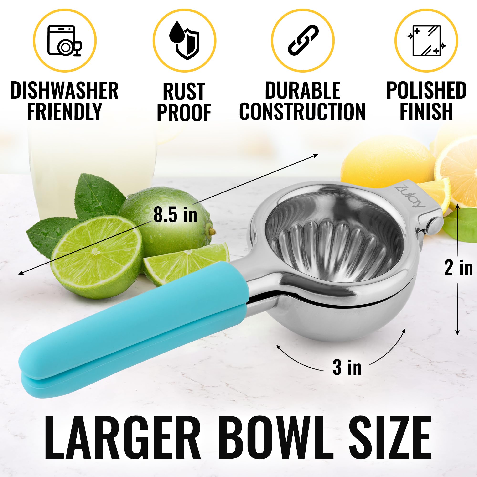Premium Stainless Steel Lemon Squeezer - Heavy Duty Manual Citrus Juicer with Non-Slip Silicone Handles for Lemons, Limes & Oranges - Perfect for Cocktails, Baking & Fresh Juice Making (Blue)